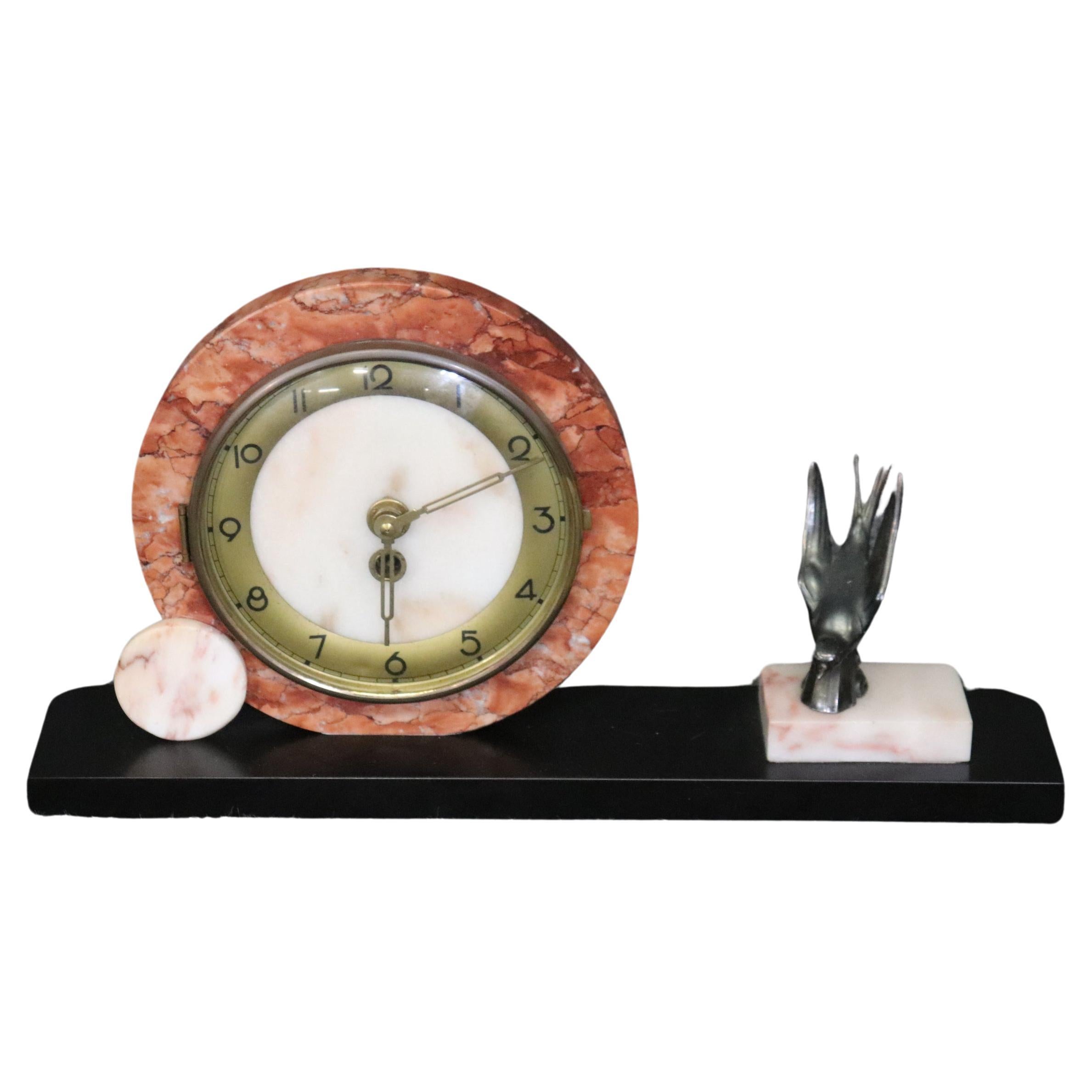 Art Deco Marble and Alabaster Mantel Clock With Metal Bird For Sale