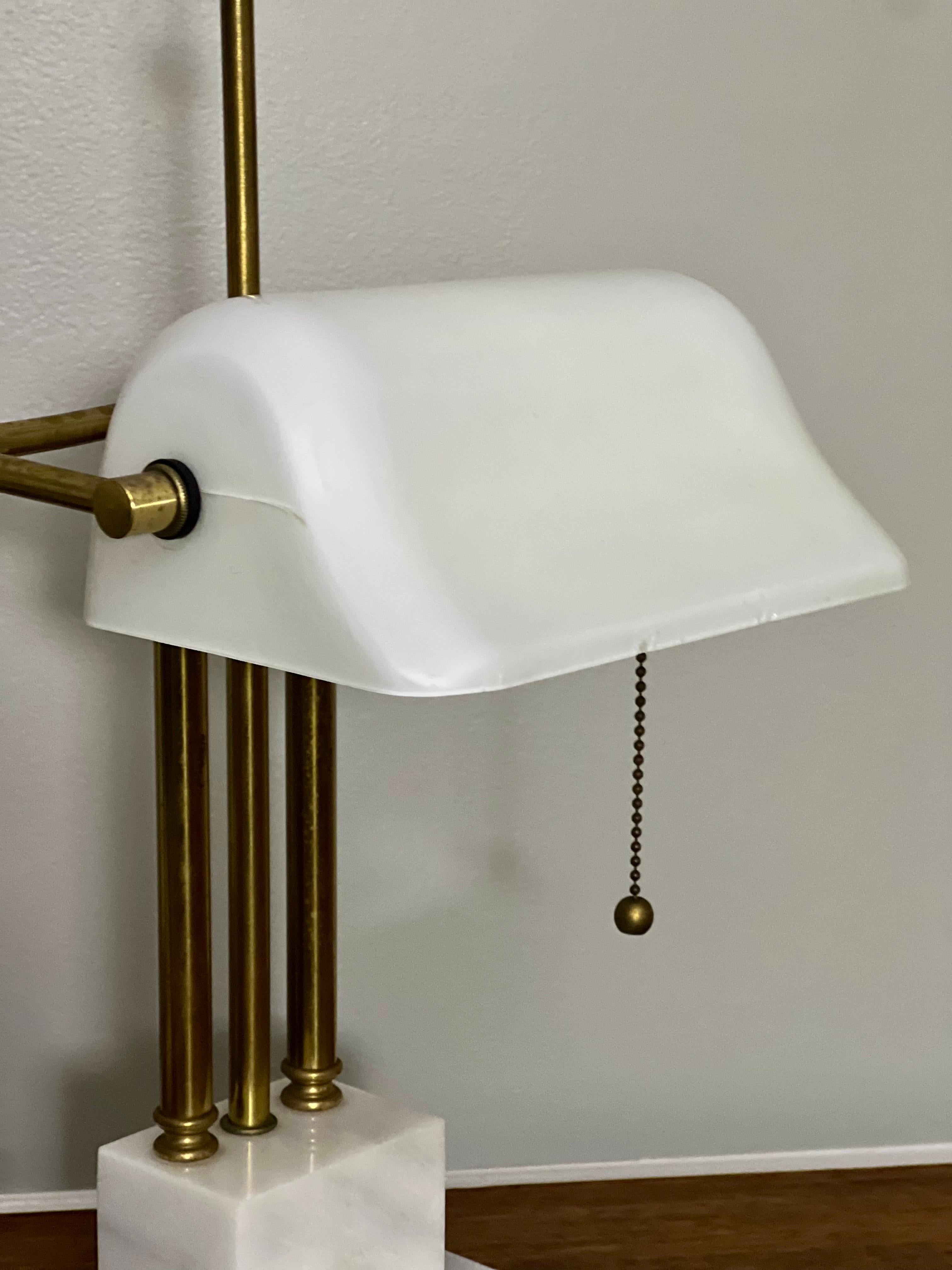 Art Deco Marble and Brass Bankers Desk Lamps with White Milk Glass Shades 6