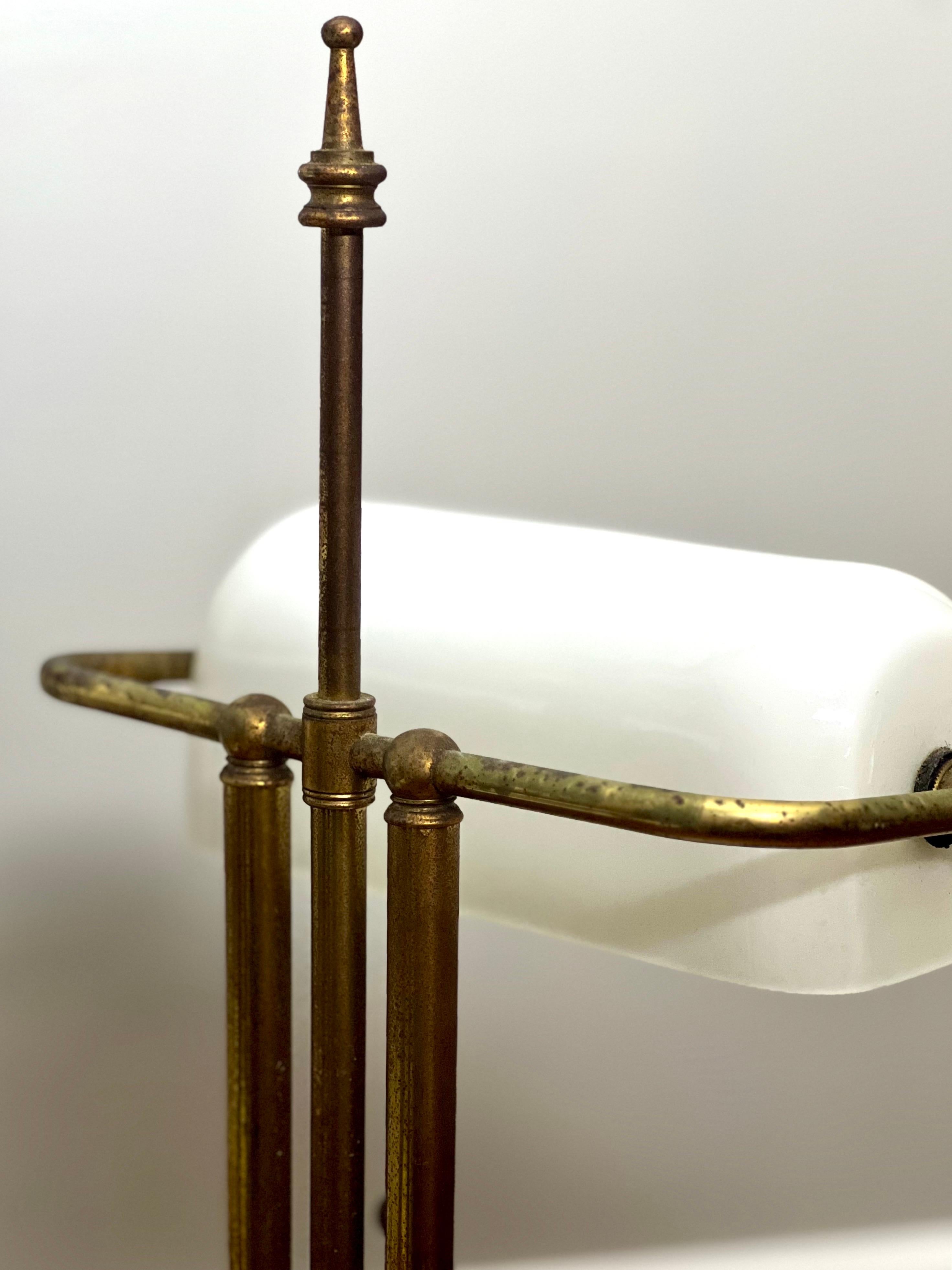 Art Deco Marble and Brass Bankers Desk Lamps with White Milk Glass Shades 3