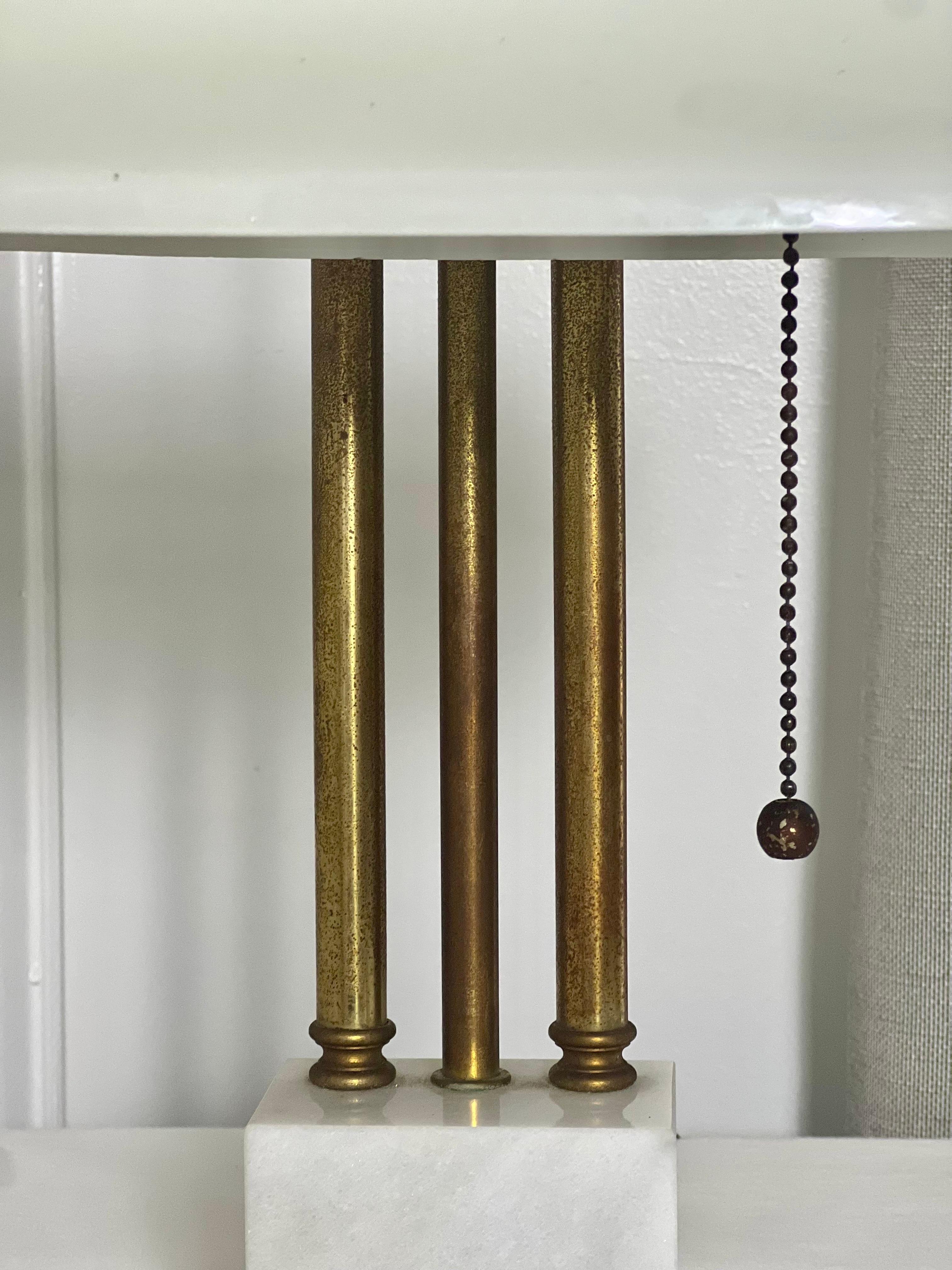 Art Deco Marble and Brass Bankers Desk Lamps with White Milk Glass Shades 4
