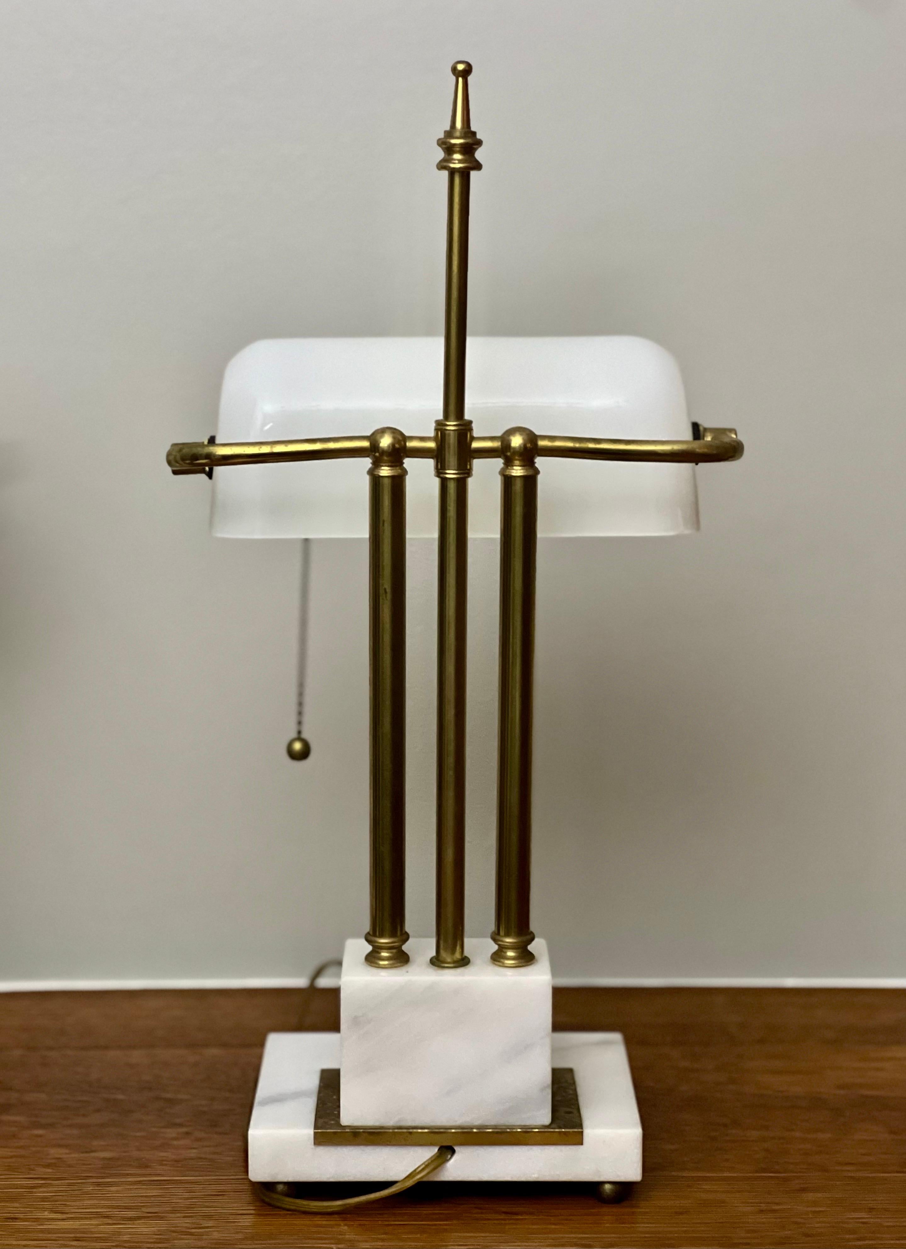 Art Deco Marble and Brass Bankers Desk Lamps with White Milk Glass Shades 11