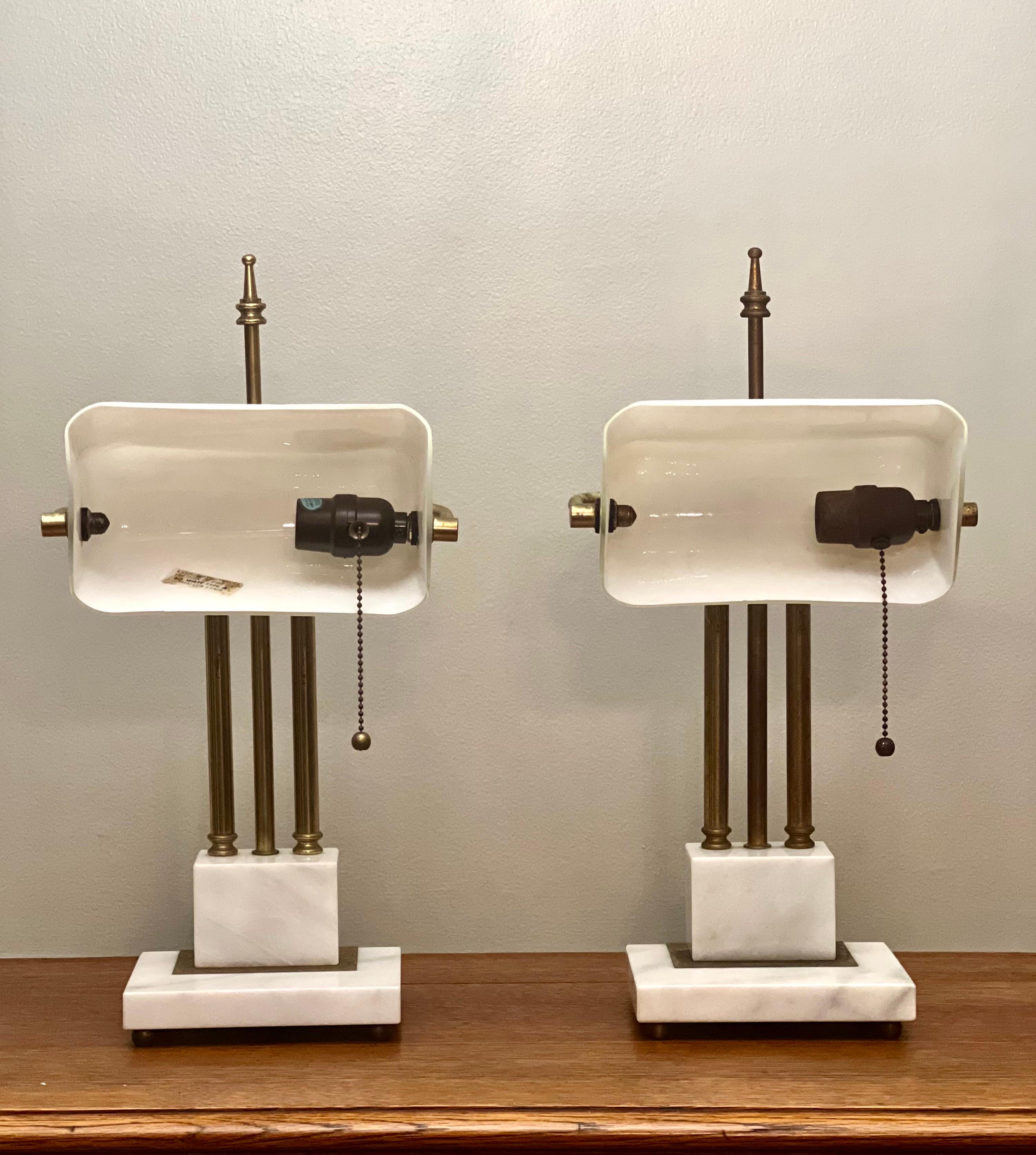 Art Deco Marble and Brass Bankers Desk Lamps with White Milk Glass Shades 12