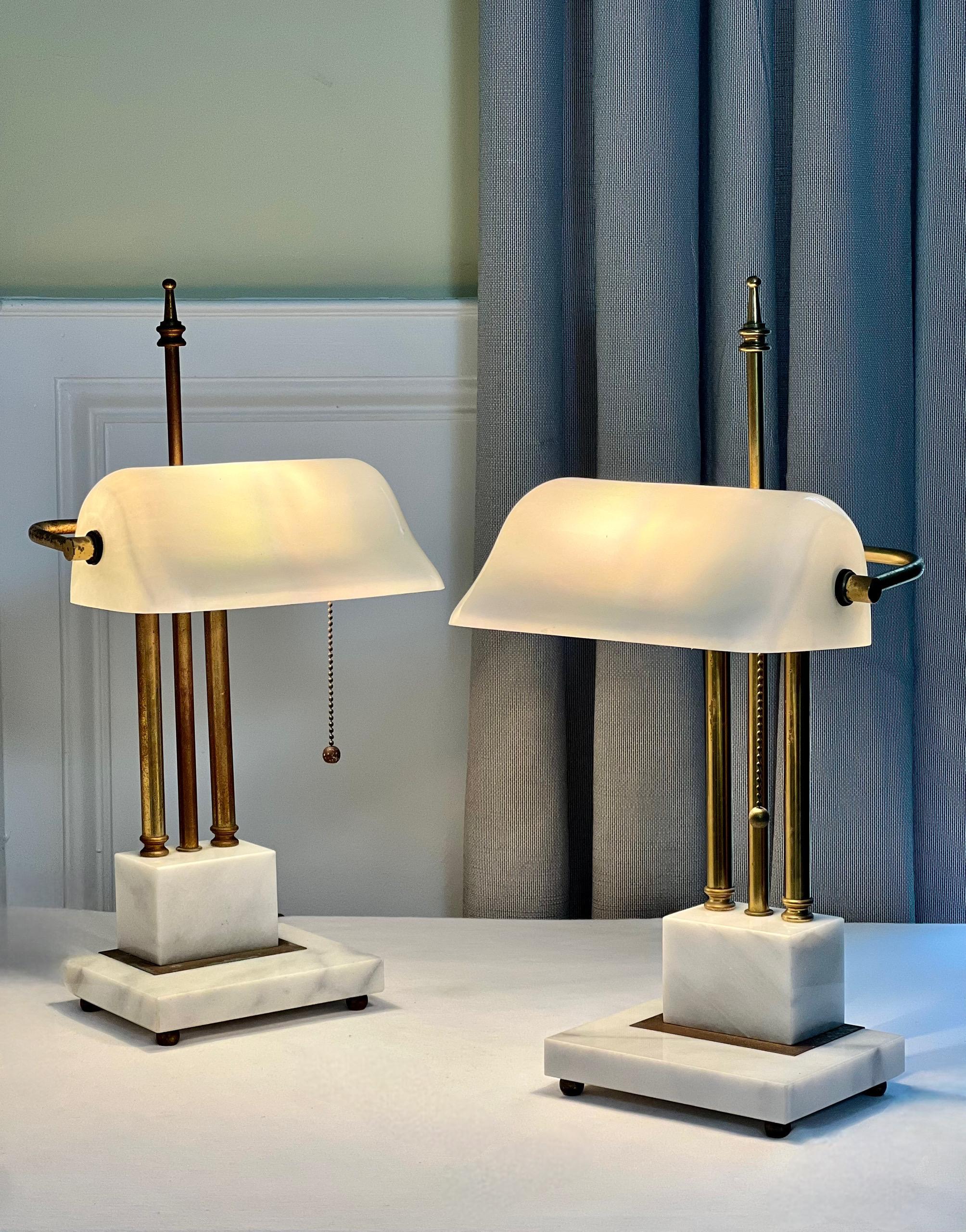 Art Deco Marble and Brass Bankers Desk Lamps with White Milk Glass Shades 13