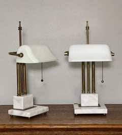 Art Deco Marble and Brass Bankers Desk Lamps with White Milk Glass Shades