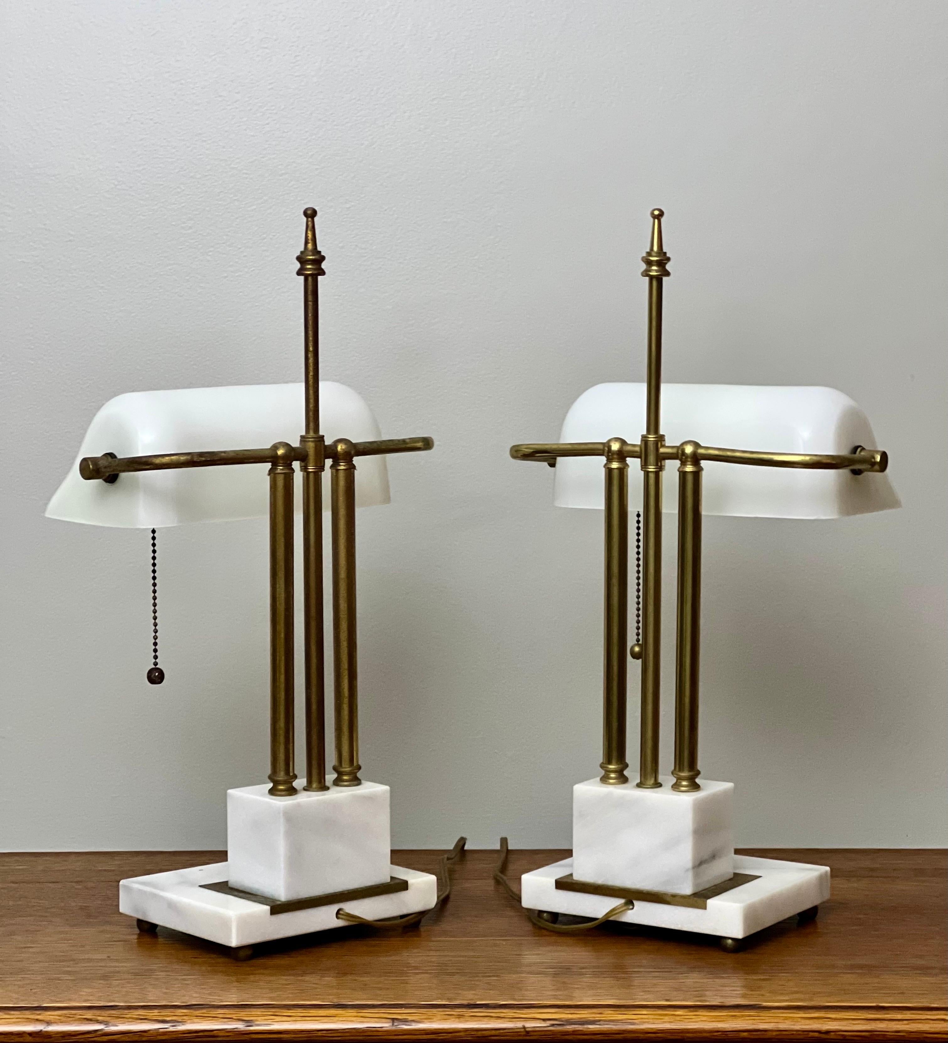 Art Deco Marble and Brass Bankers Desk Lamps with White Milk Glass Shades In Good Condition In Doylestown, PA