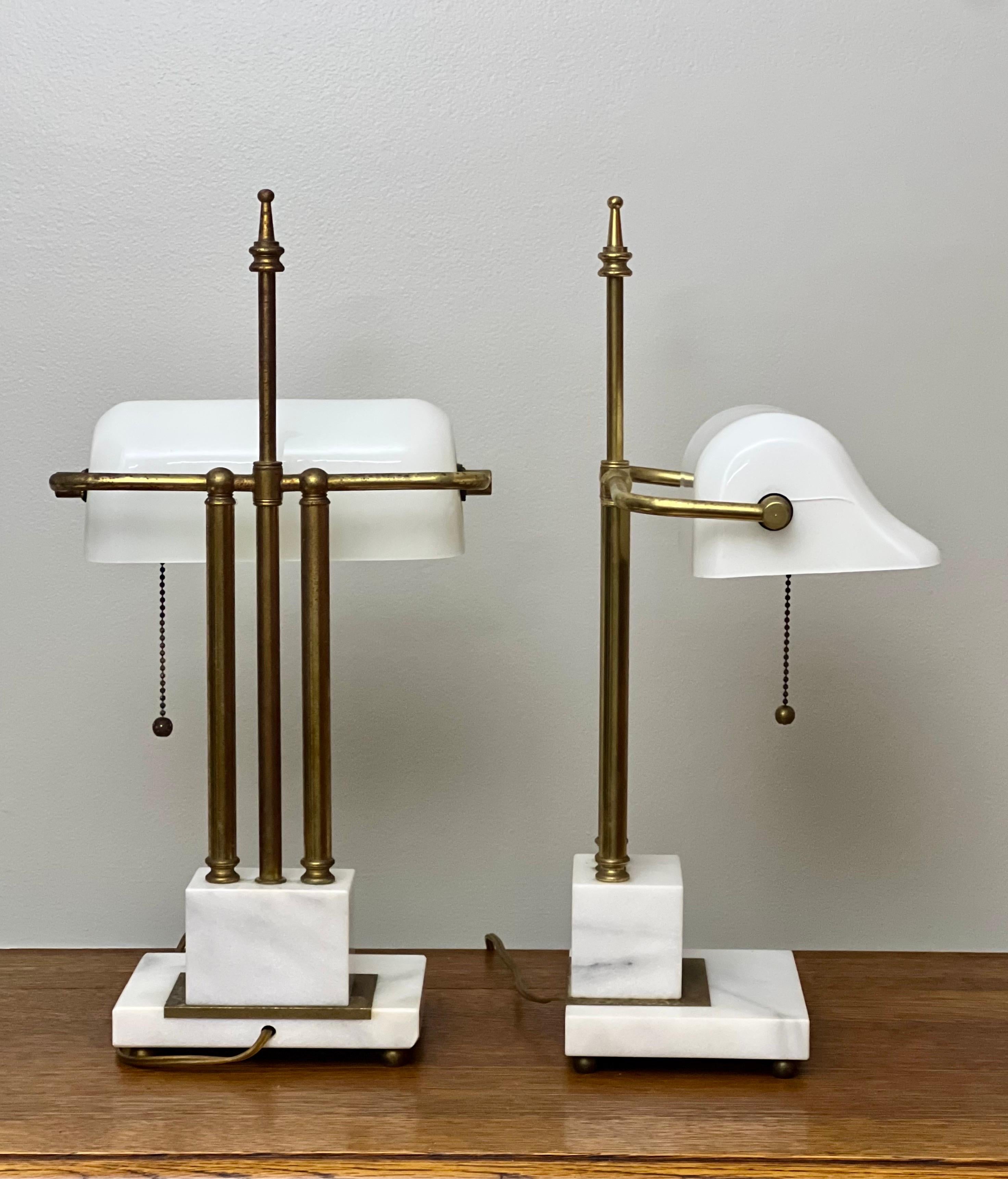 20th Century Art Deco Marble and Brass Bankers Desk Lamps with White Milk Glass Shades