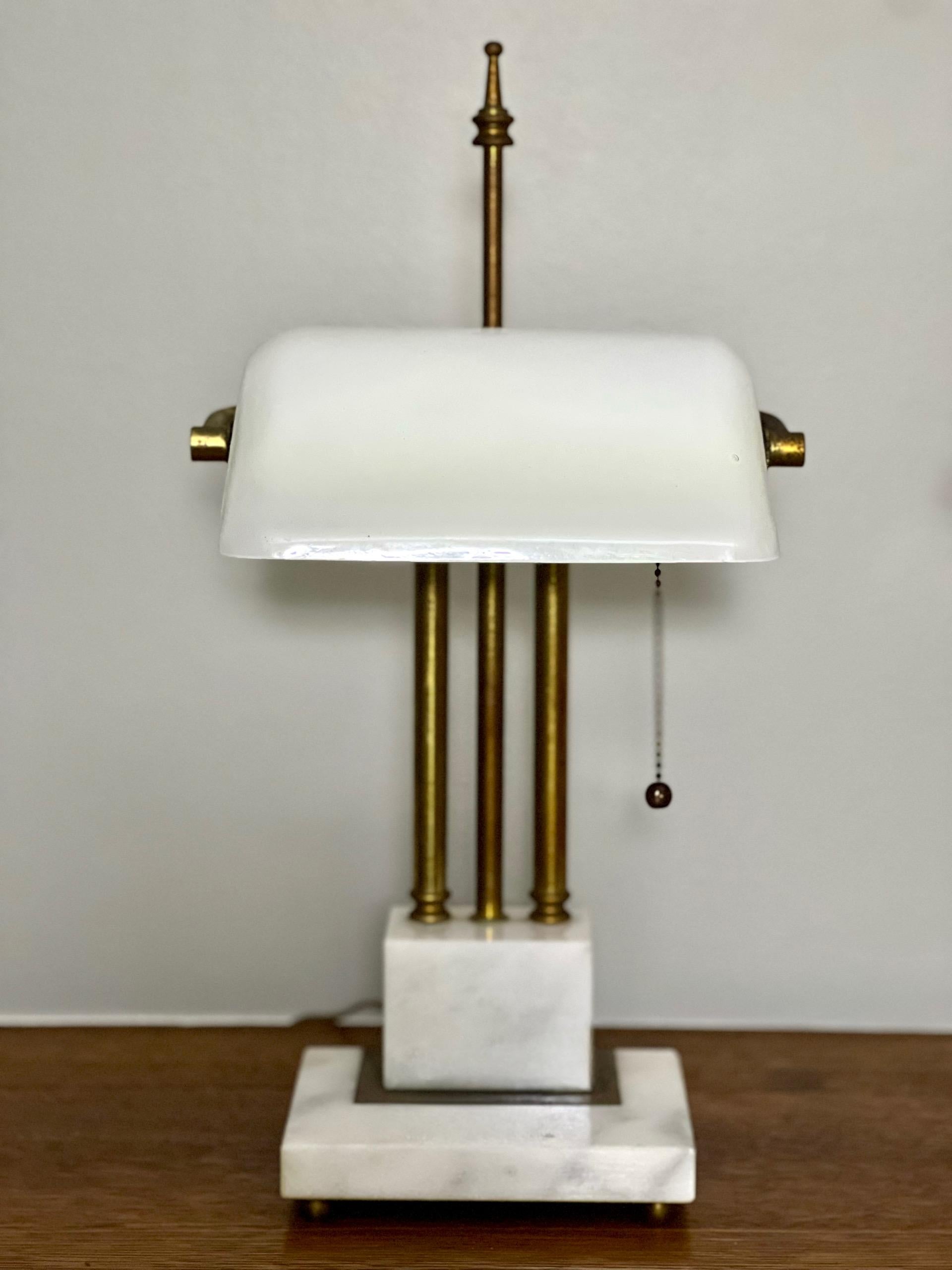 Art Deco Marble and Brass Bankers Desk Lamps with White Milk Glass Shades 1