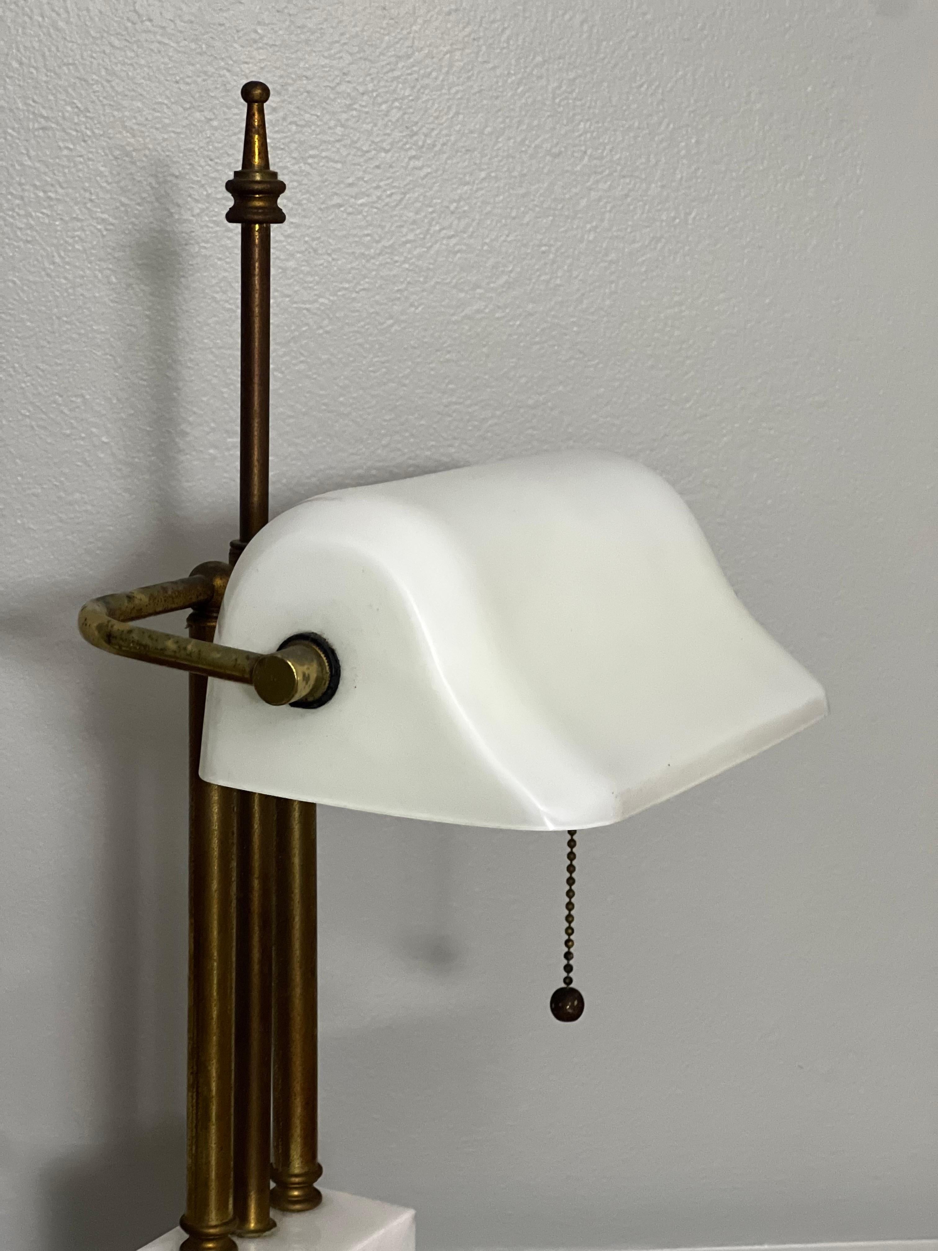 Art Deco Marble and Brass Bankers Desk Lamps with White Milk Glass Shades 2