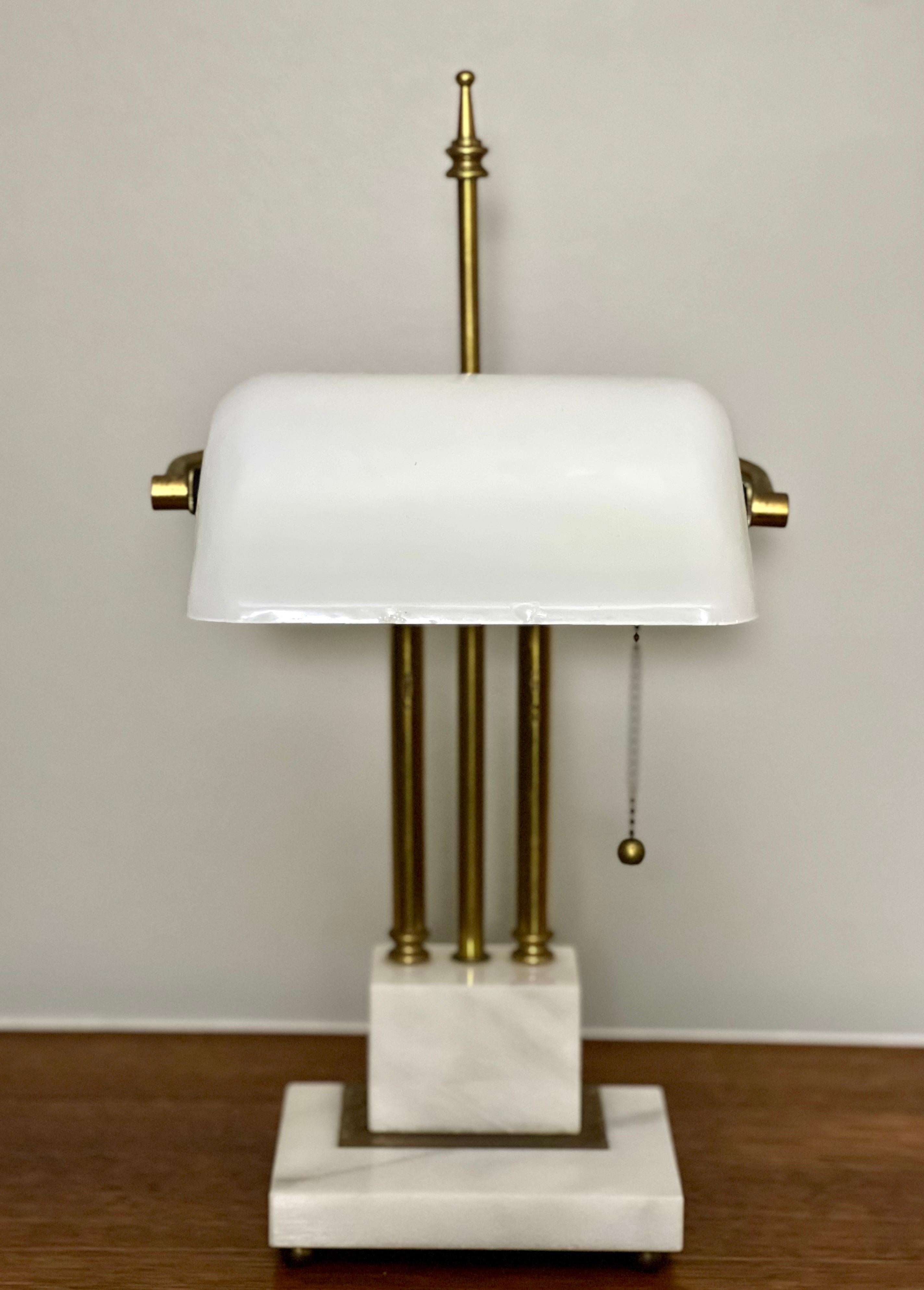 Art Deco Marble and Brass Bankers Desk Lamps with White Milk Glass Shades 5