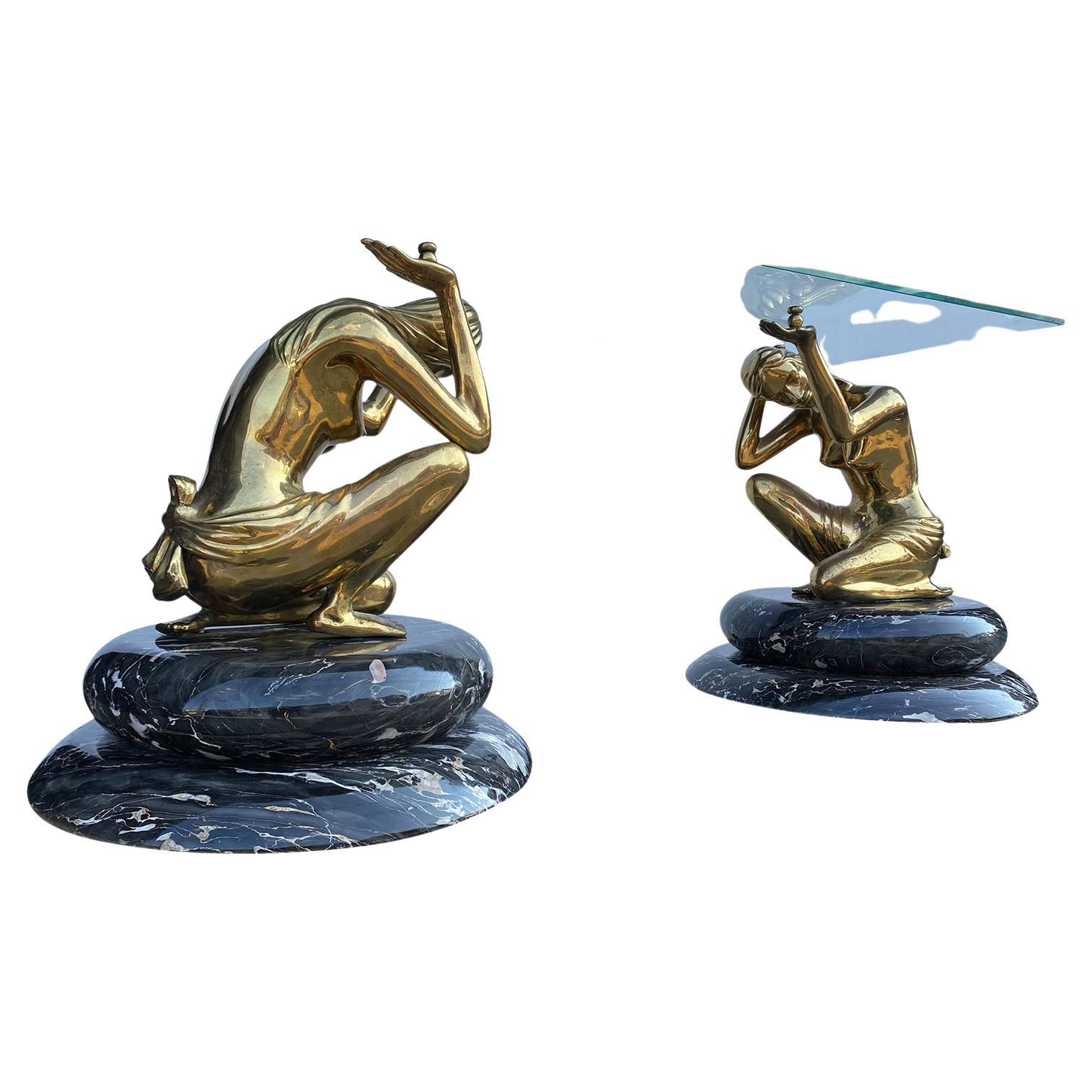 Beautiful museum quality Art Deco brass and marble sculpture of women table bases.Imported from Italy Exceptional craftsmanship & unbelievable detail.