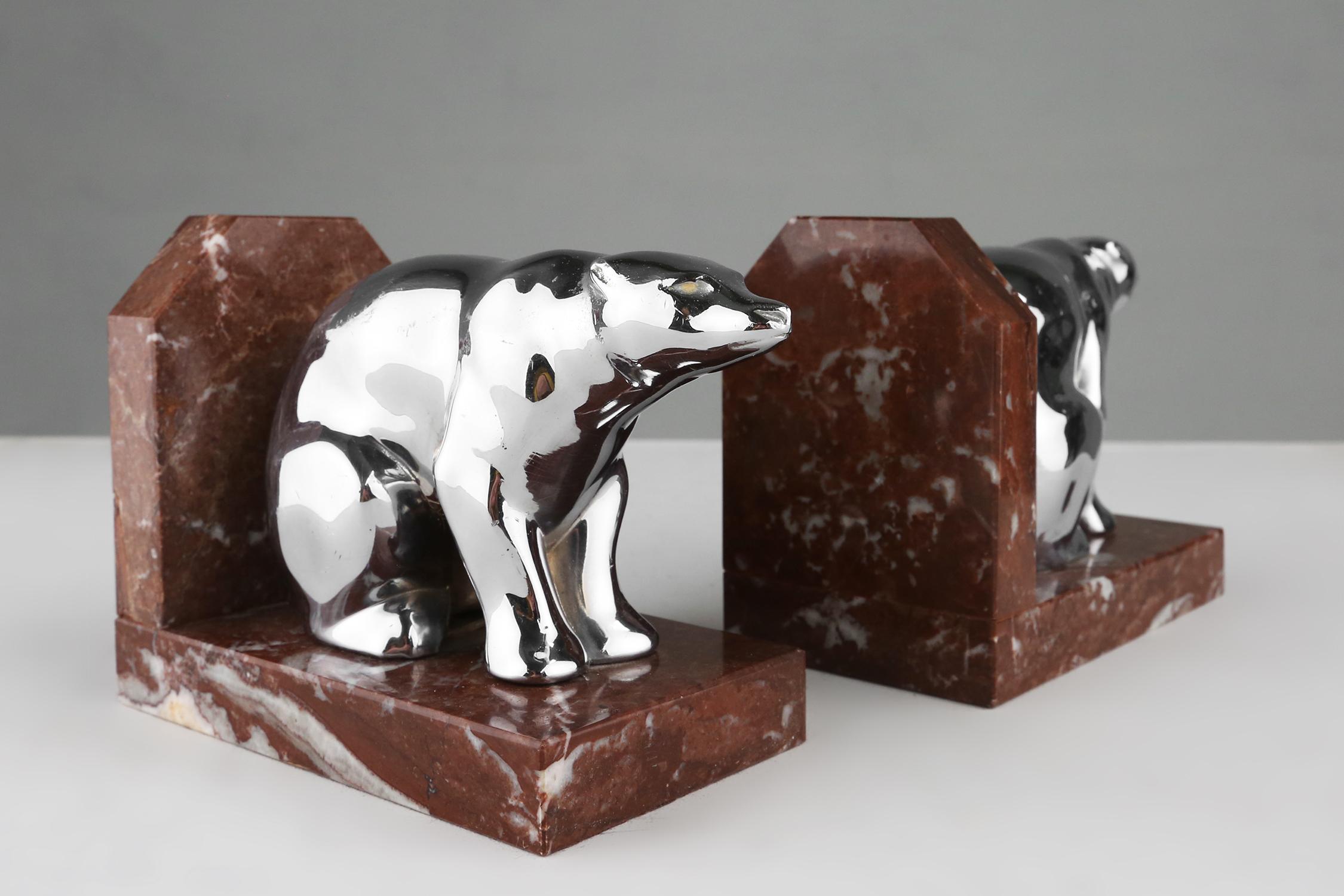 Art Deco marble and metal bear bookends 1930 For Sale 5