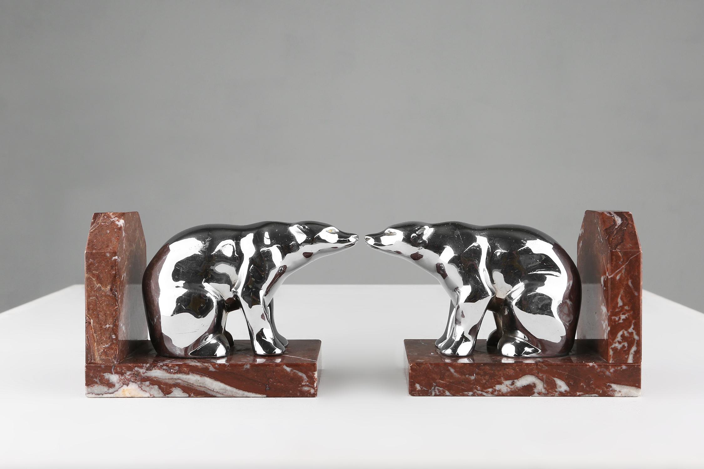 Art Deco marble and metal bear bookends 1930 For Sale 6