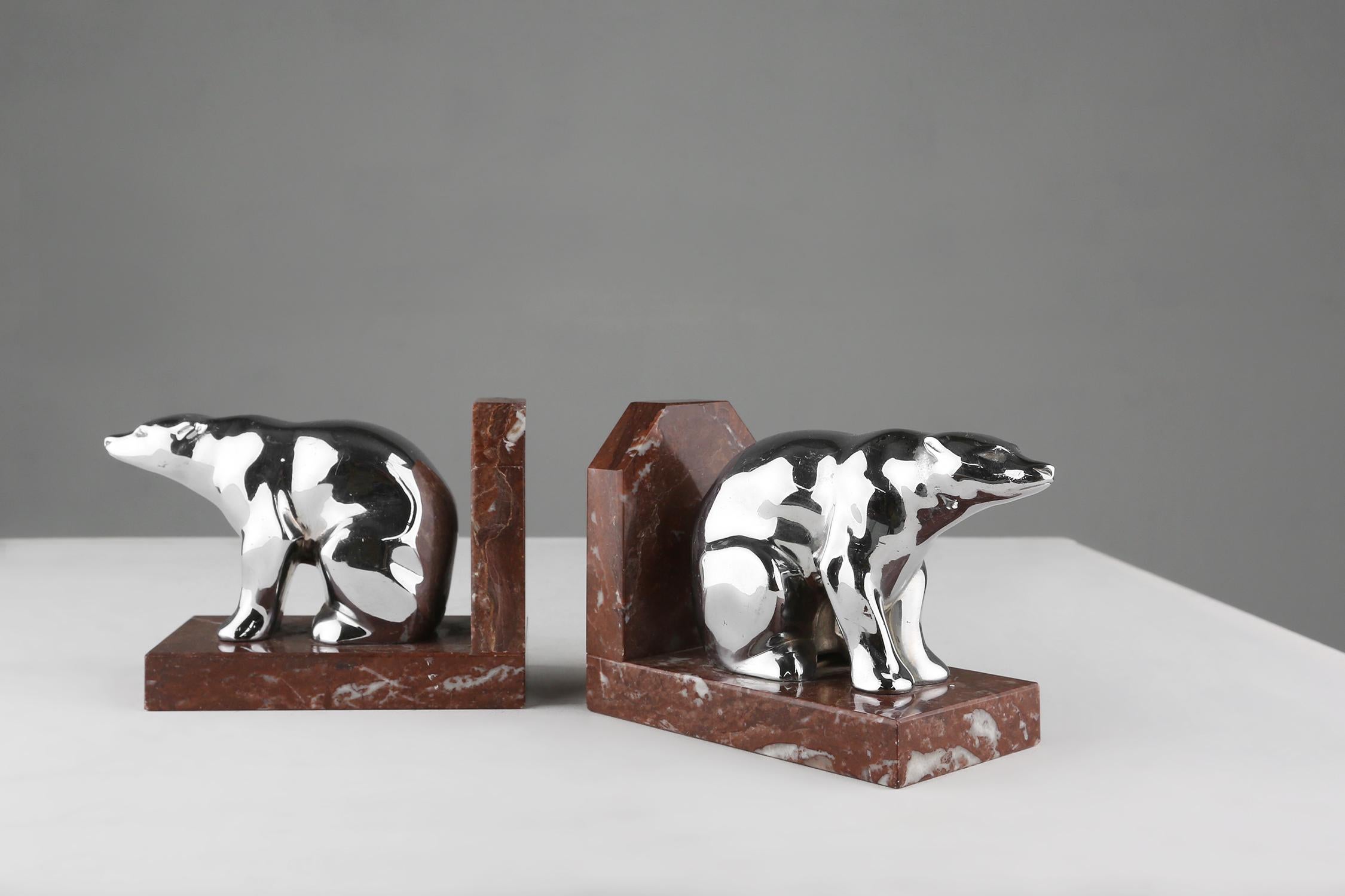 Belgian Art Deco marble and metal bear bookends 1930 For Sale