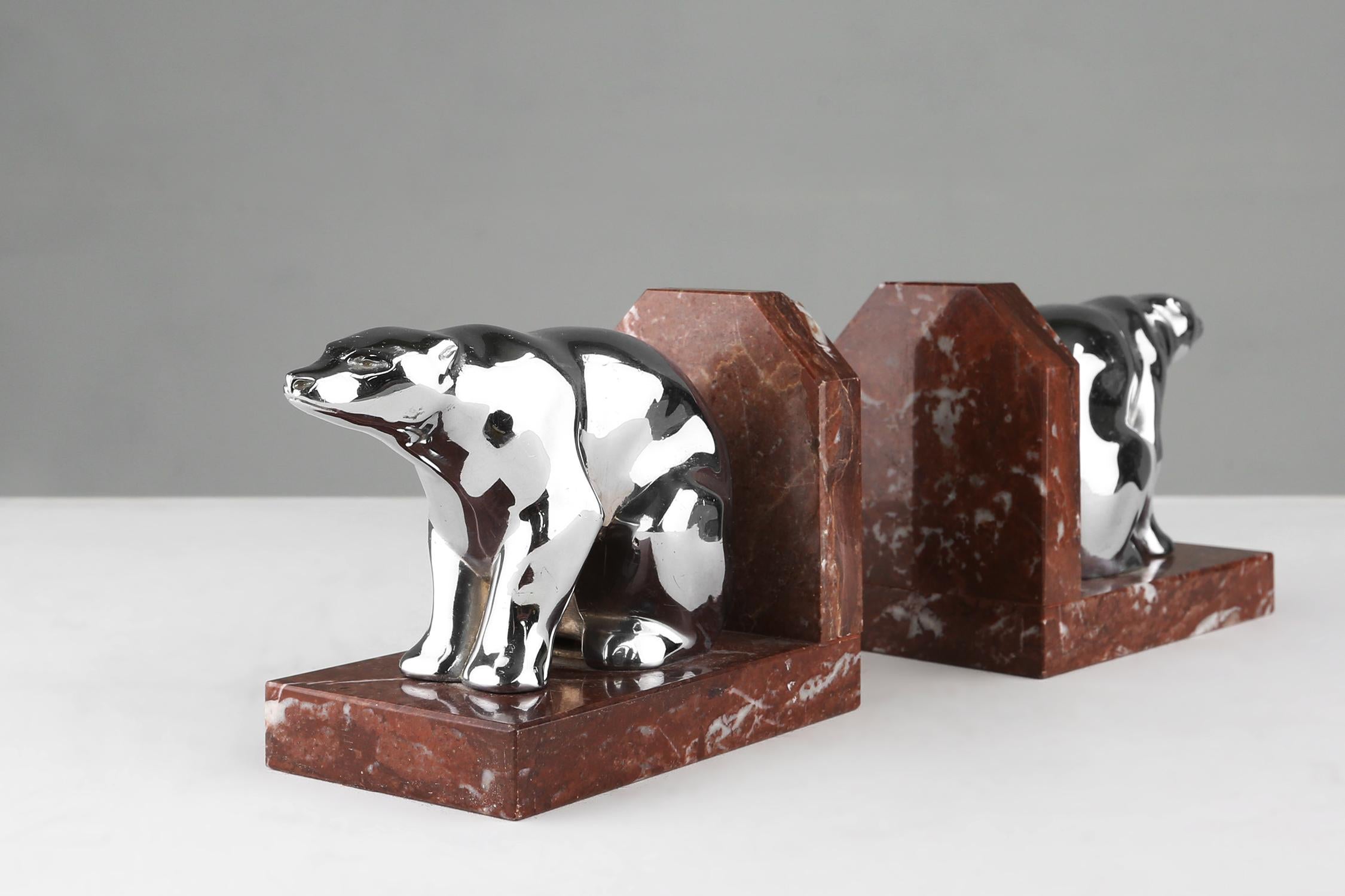 Mid-20th Century Art Deco marble and metal bear bookends 1930 For Sale