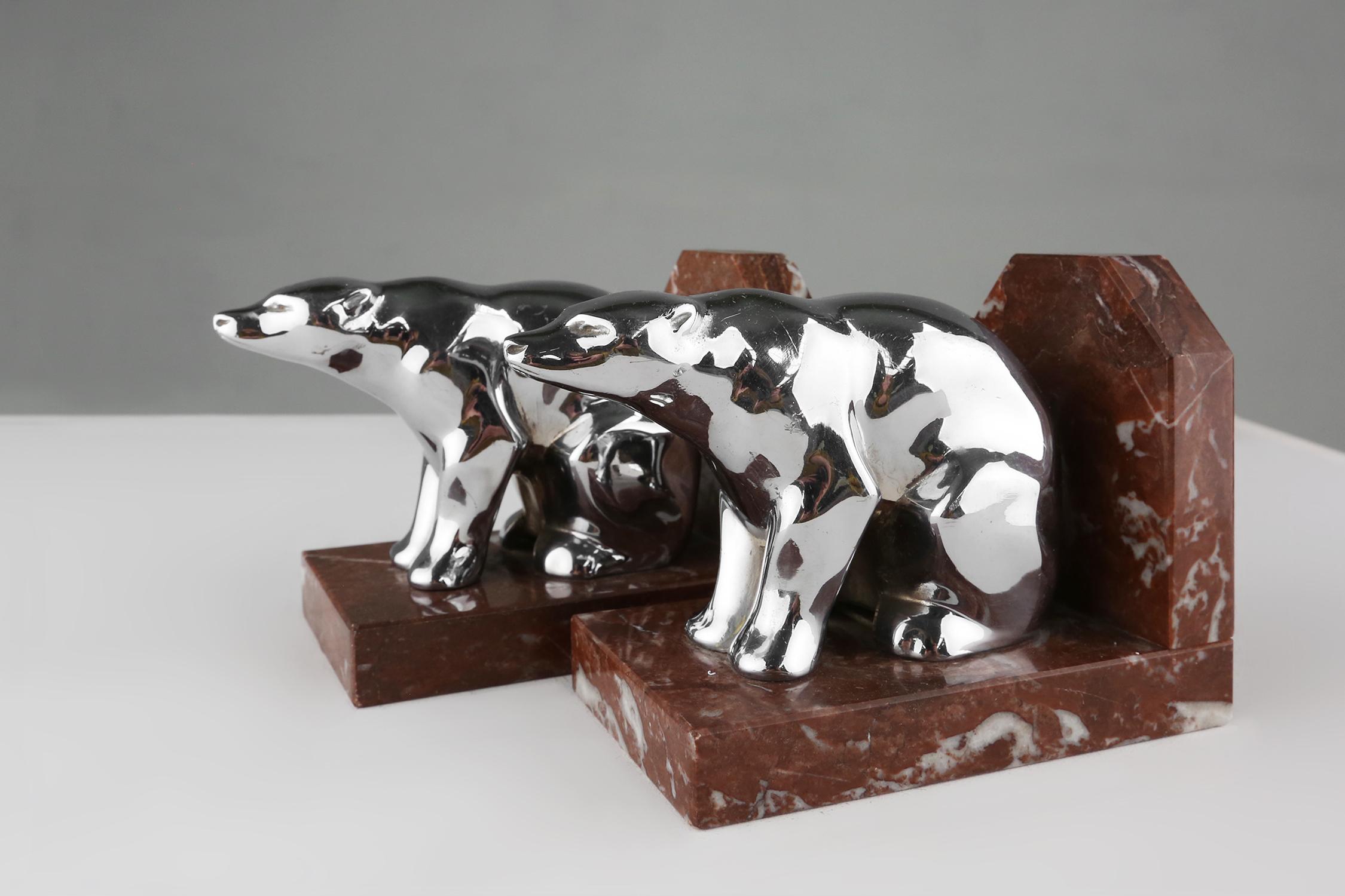 Art Deco marble and metal bear bookends 1930 For Sale 1