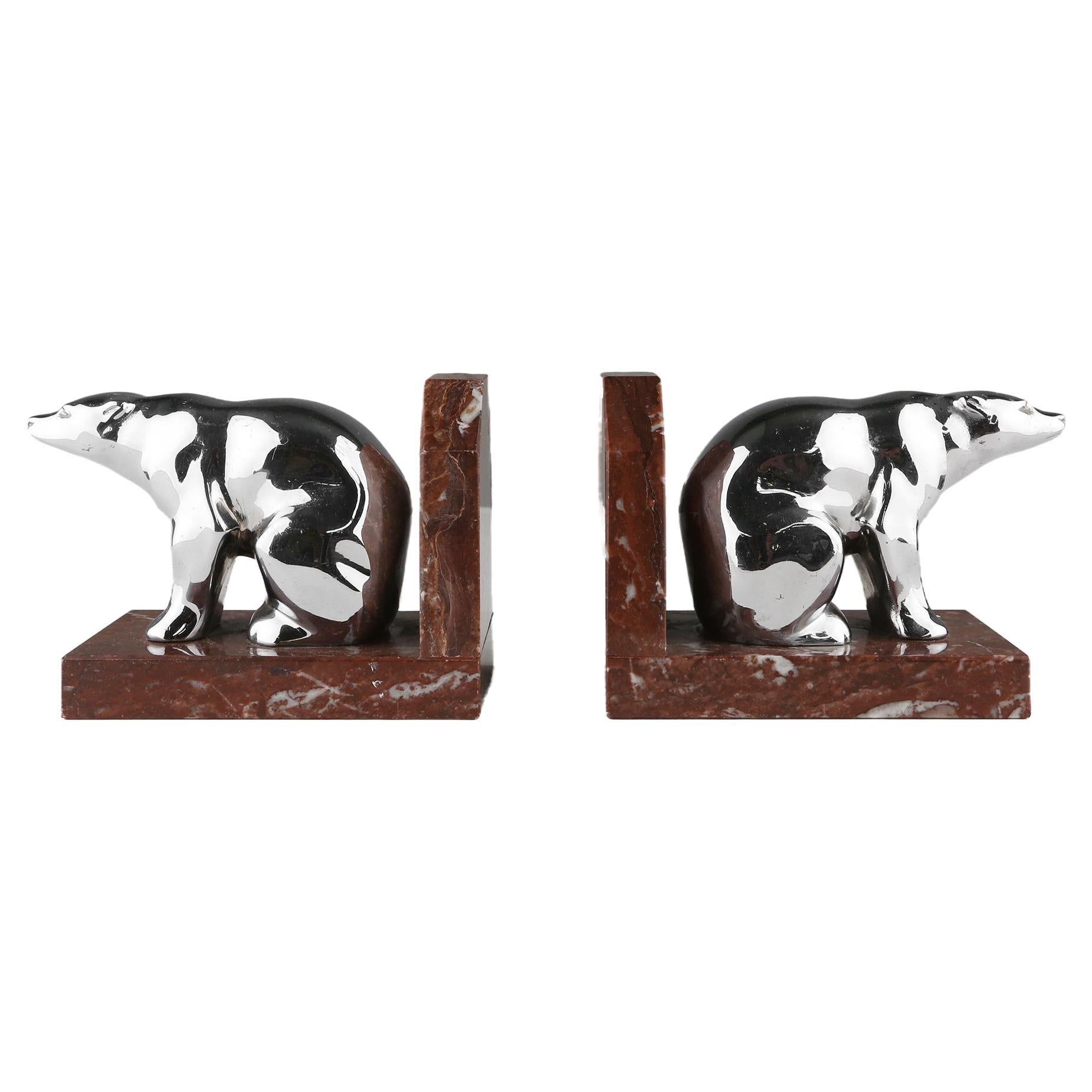 Art Deco marble and metal bear bookends 1930