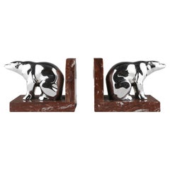 Vintage Art Deco marble and metal bear bookends 1930
