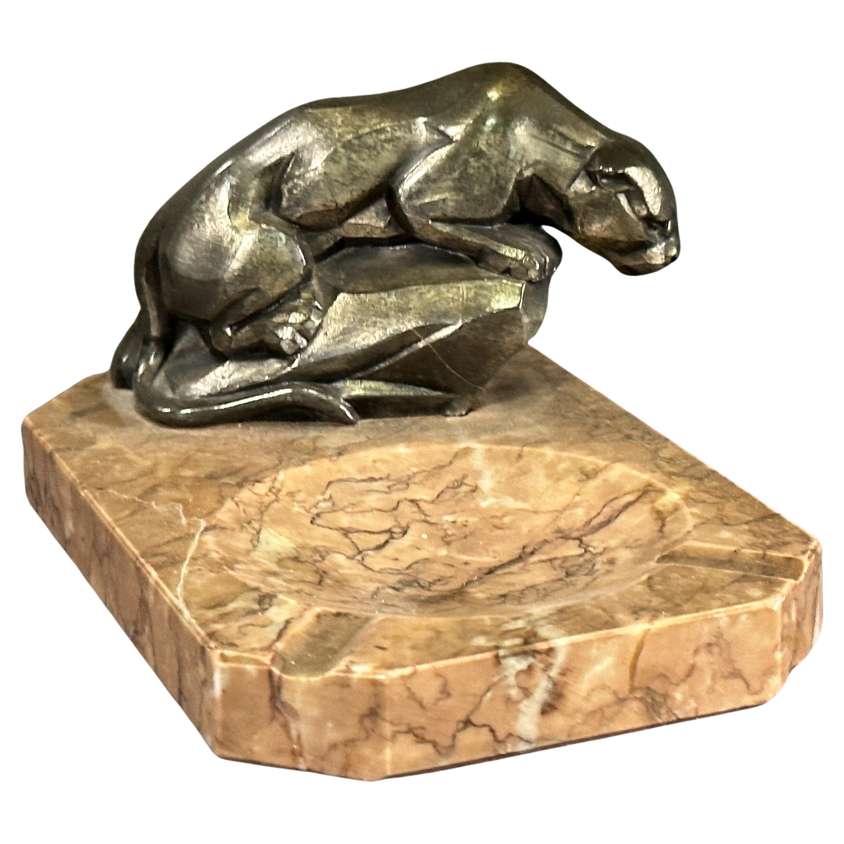 Art Deco Marble Ashtray with Panther Sculpture, France 1935 For Sale