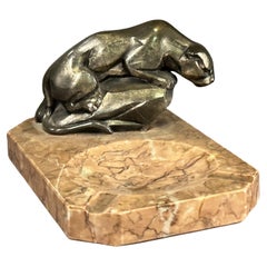 Antique Art Deco Marble Ashtray with Panther Sculpture, France 1935