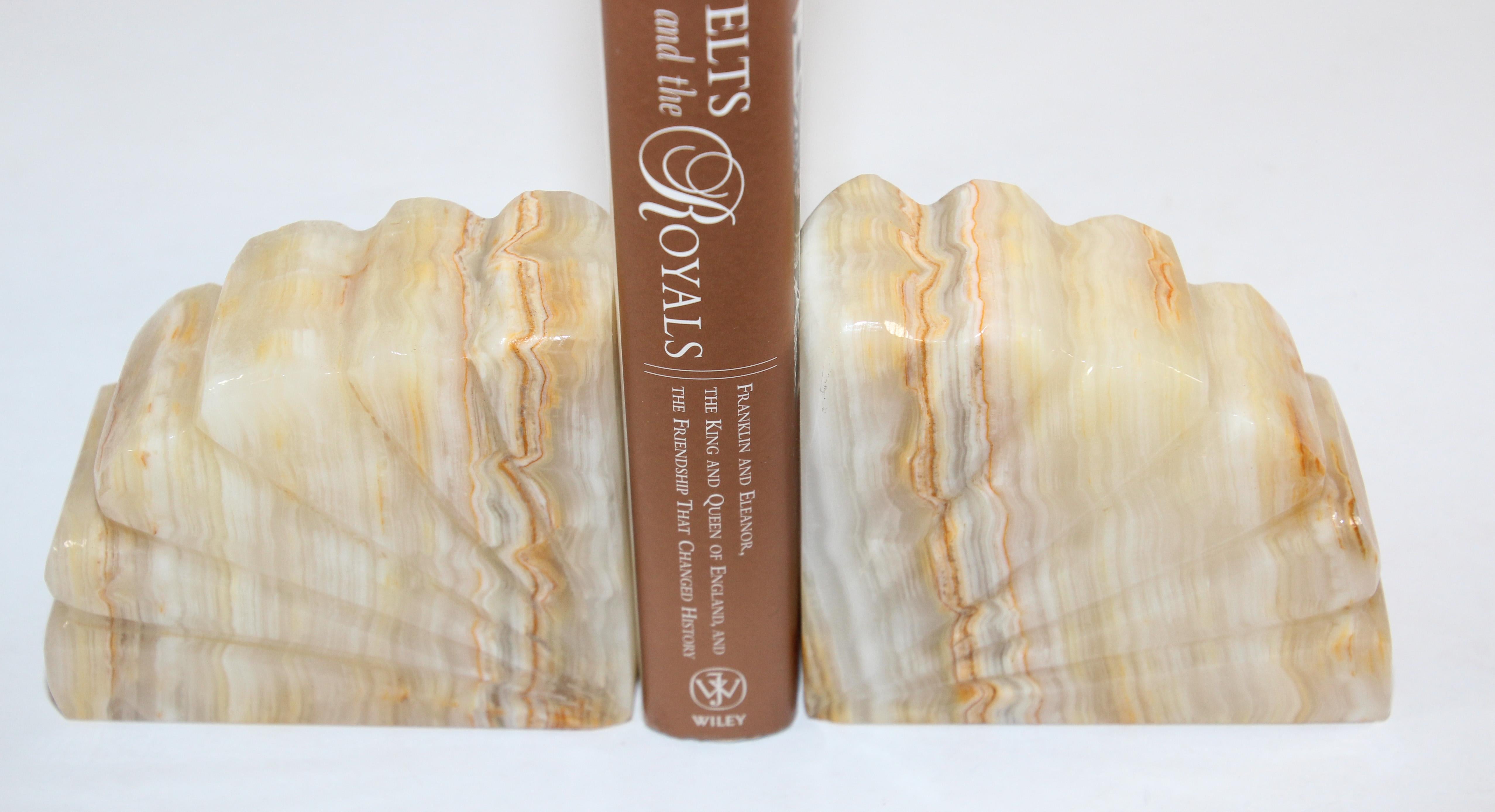 Art Deco Marble Bookends Hand Carved Scallop Shell Design, French, Ca 1940s 7