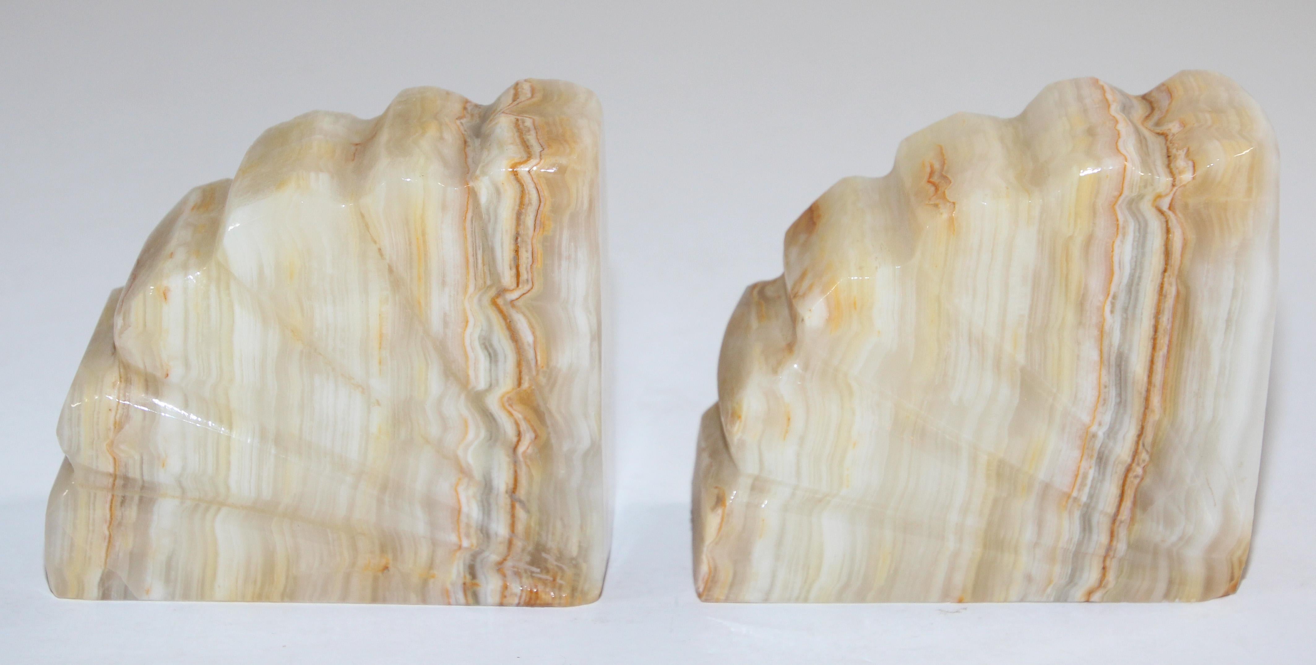 20th Century Art Deco Marble Bookends Hand Carved Scallop Shell Design, French, Ca 1940s