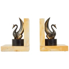 Antique Art Deco Marble Bookends with Bronze Figurines in Max Le Verier Style