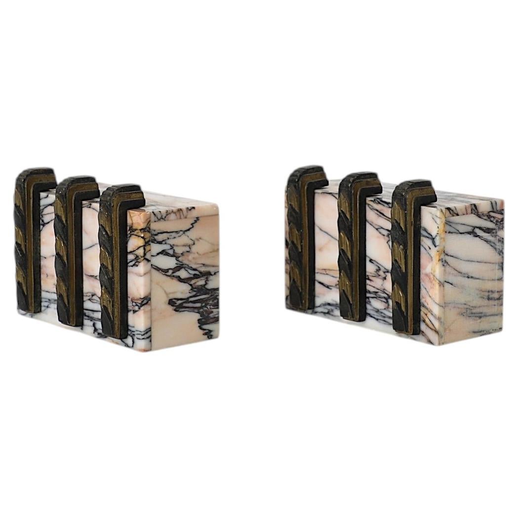 Art Deco Marble Bookends with Geometric Brass Appliques, Pink-Veined Stone