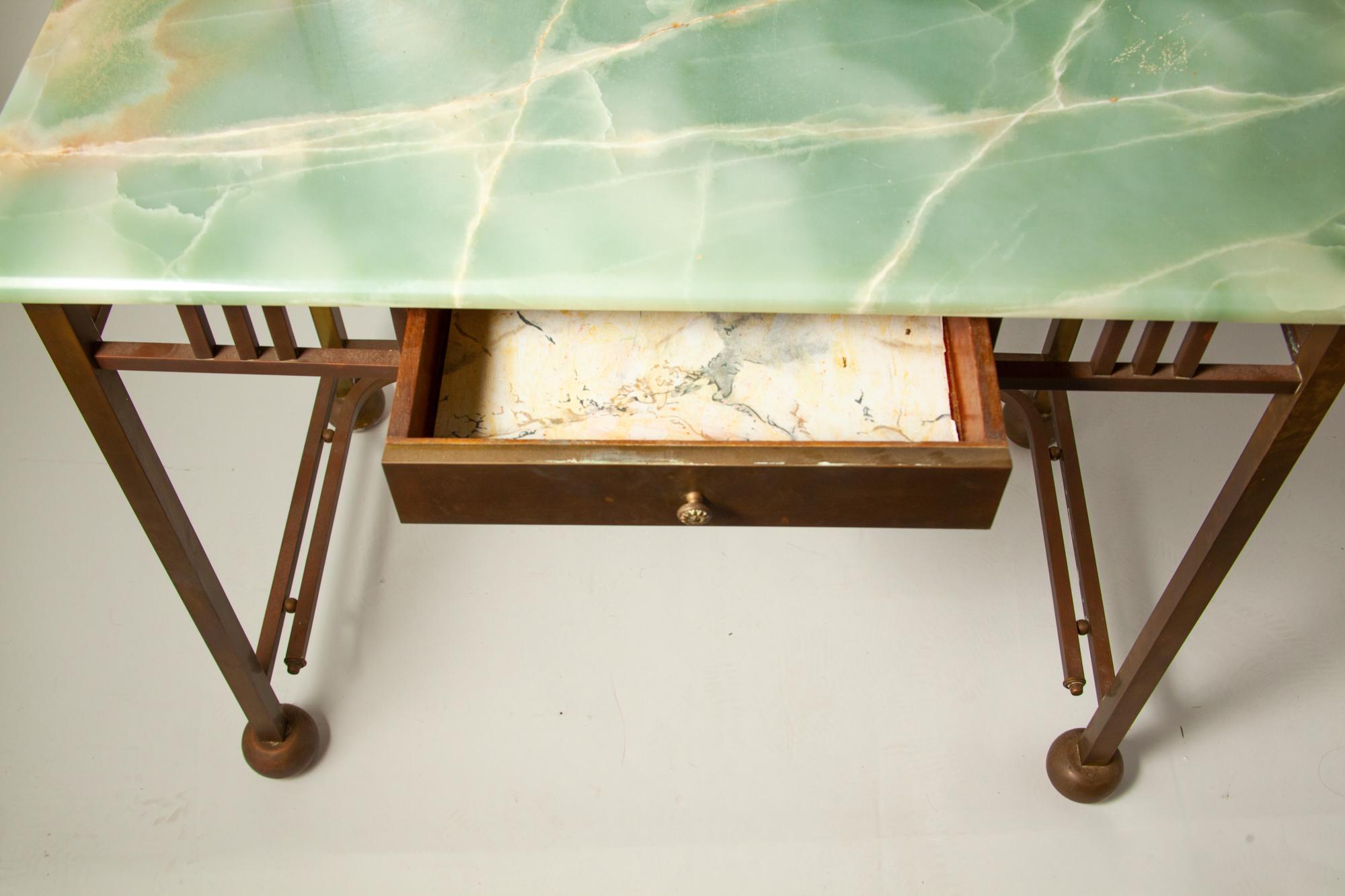 Forged Art Deco Marble & Brass Dressing Table with Mirror, French Le Lit Pardon