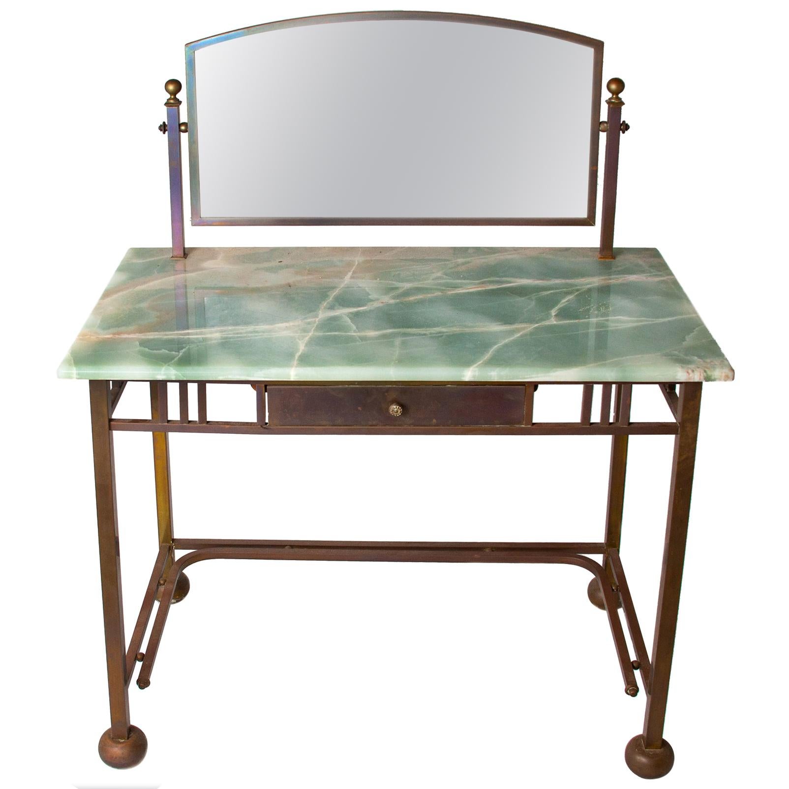 Art Deco Marble & Brass Dressing Table with Mirror, French Le Lit Pardon