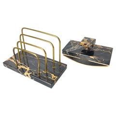 Set di portacarte e tamponi per inchiostro in marmo e ottone Art Deco