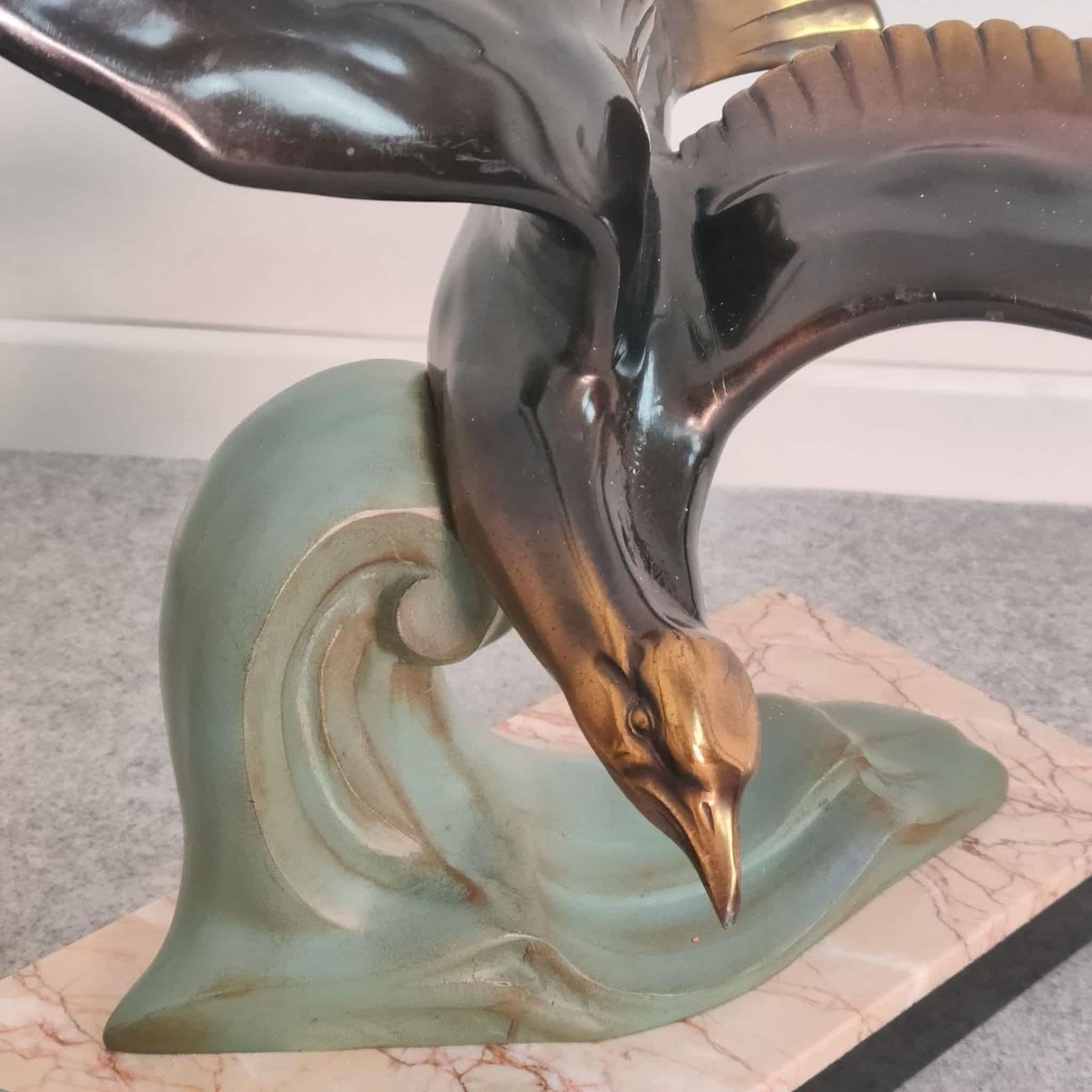 Art Deco Marmor Bronze Möwen Tier-Skulptur Dekorativ, Frankreich, 30er Jahre im Zustand „Gut“ im Angebot in Nicolosi, IT