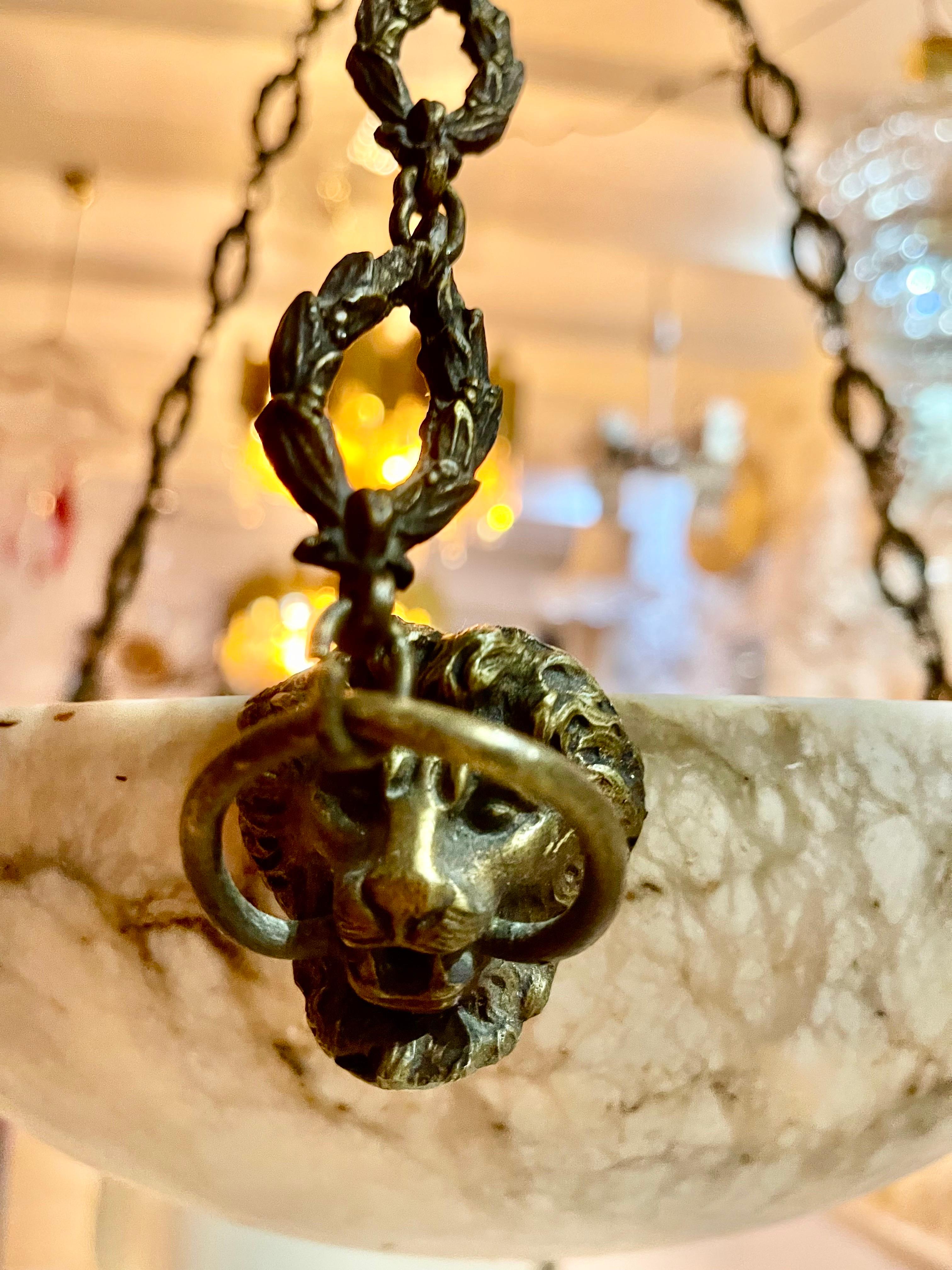 French Art deco Marble chandelier with full bronze structure large model, France 1920 For Sale