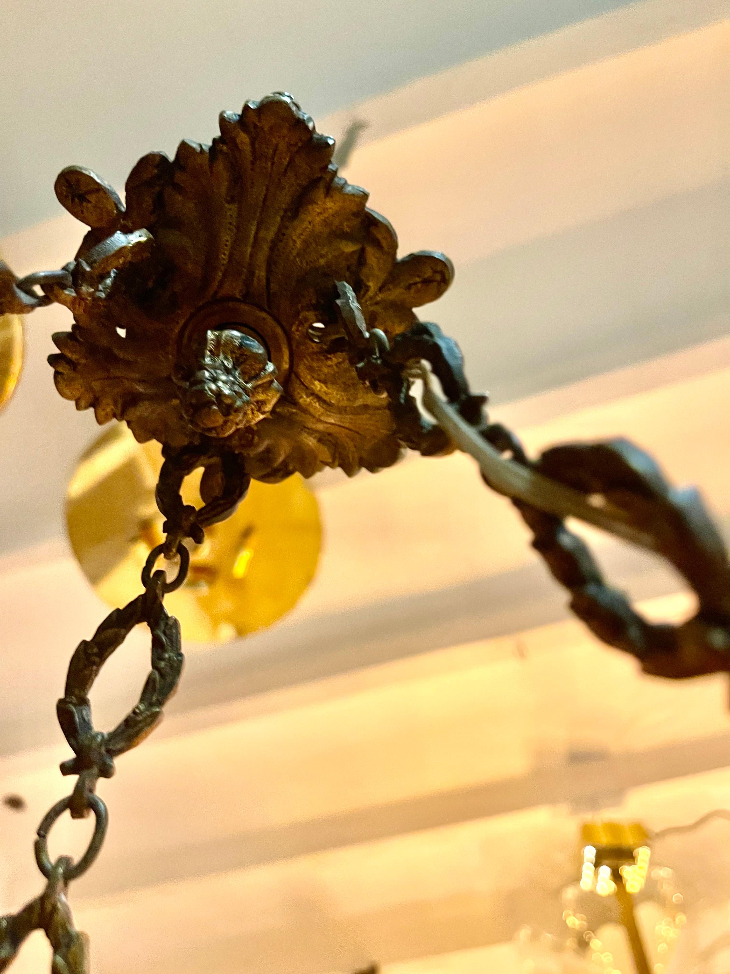 Hand-Carved Art deco Marble chandelier with full bronze structure large model, France 1920 For Sale