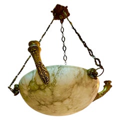 Art deco Marble chandelier with full bronze structure large model, France 1920