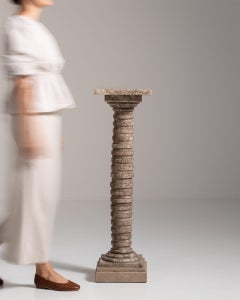 Art Deco Marble Column Pedestal, Weathered Wood, Early 20th Century