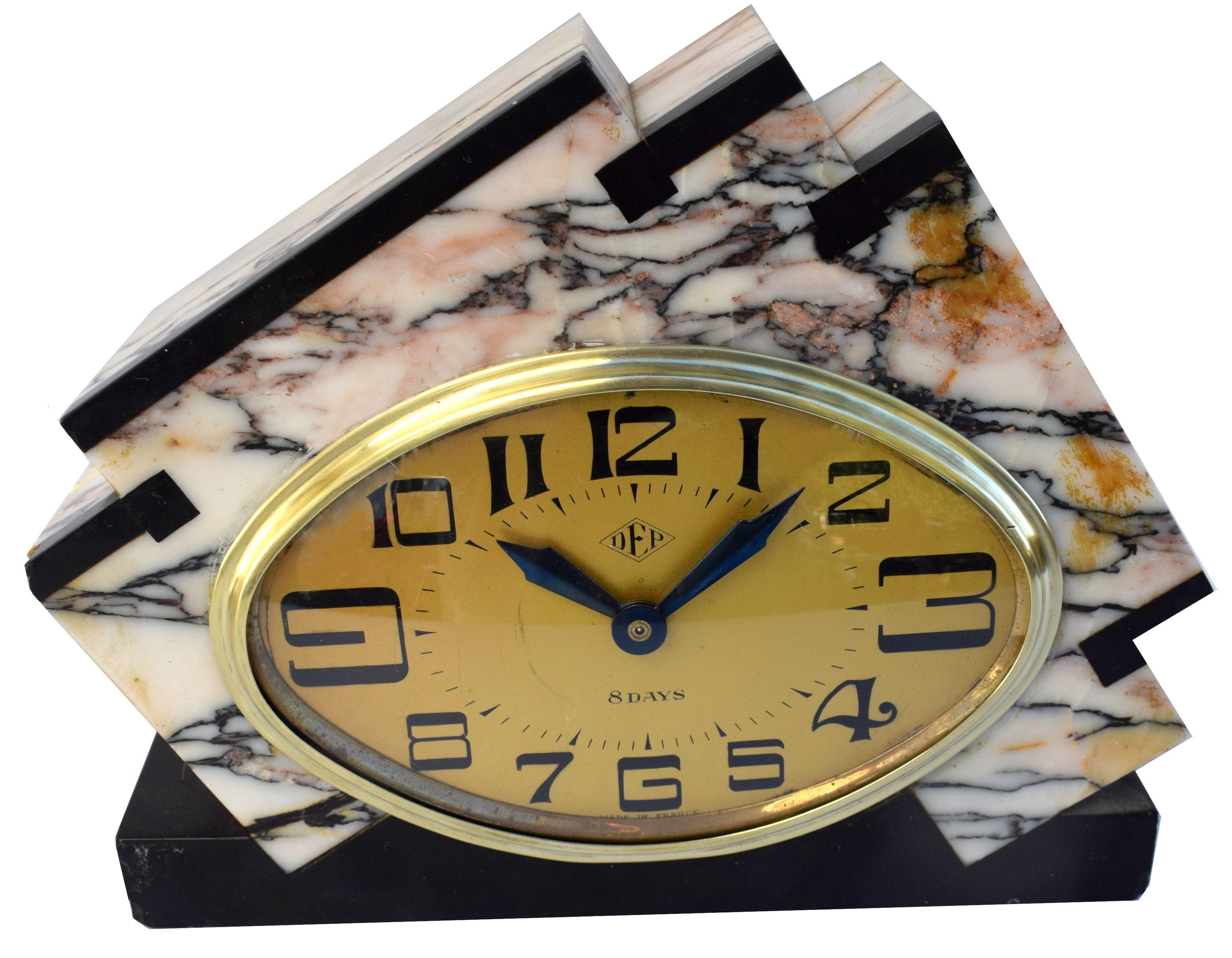 Superb and totally authentic 1930s Art Deco Solid tri coloured Marble clock eight day mantle clock with the most fantastic geometric case design. This clock screams everything about Art Deco admirers of the era love and does it with sophistication.