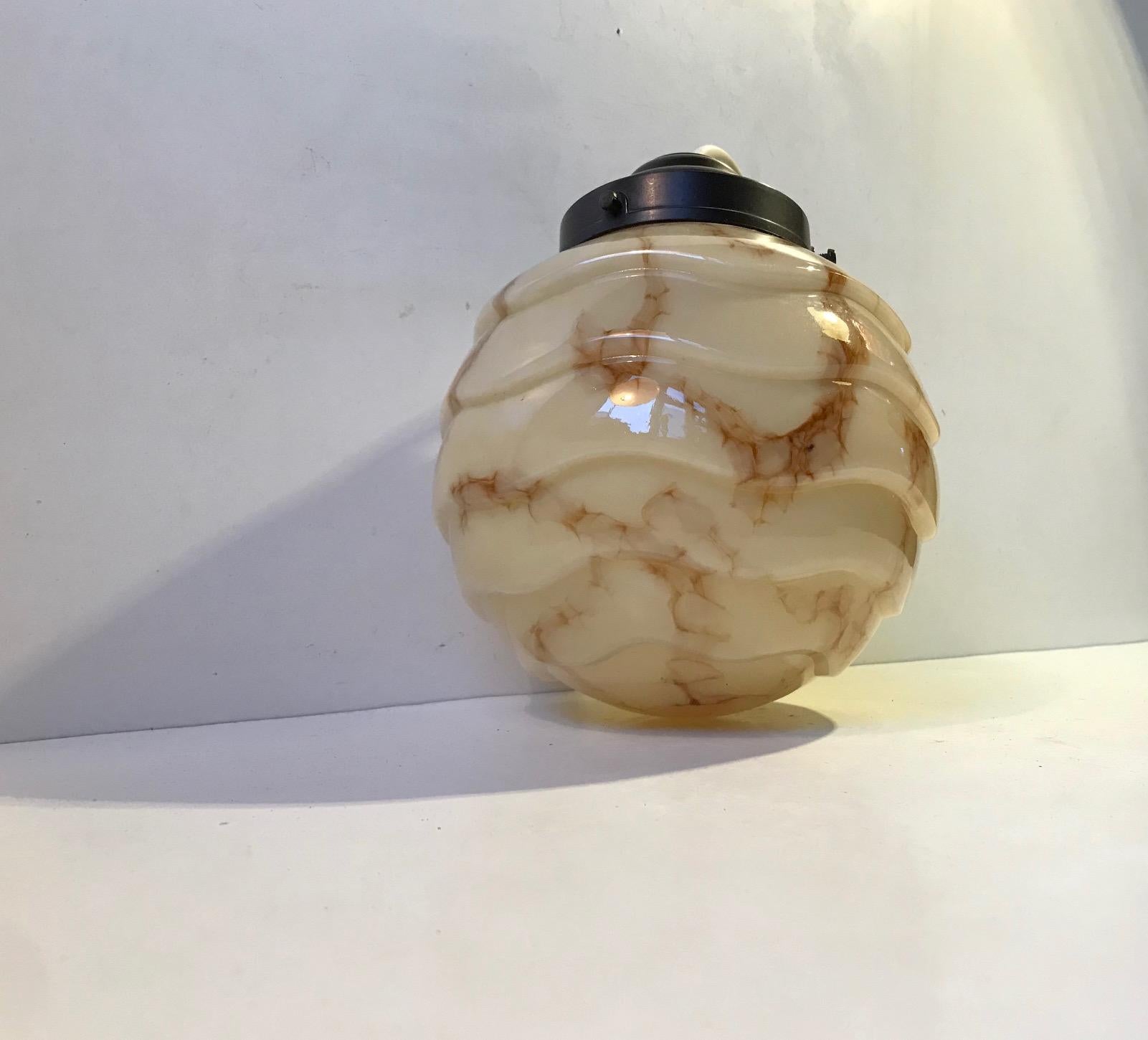 Blown Glass Art Deco Marble Glass and Bakelite Pendant Lamp, 1930s For Sale