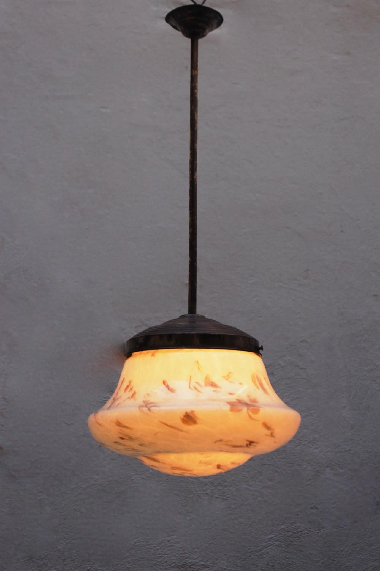 Art Deco Marble Glass and Brass Pendant Spanish Lamp, 1930s For Sale 7