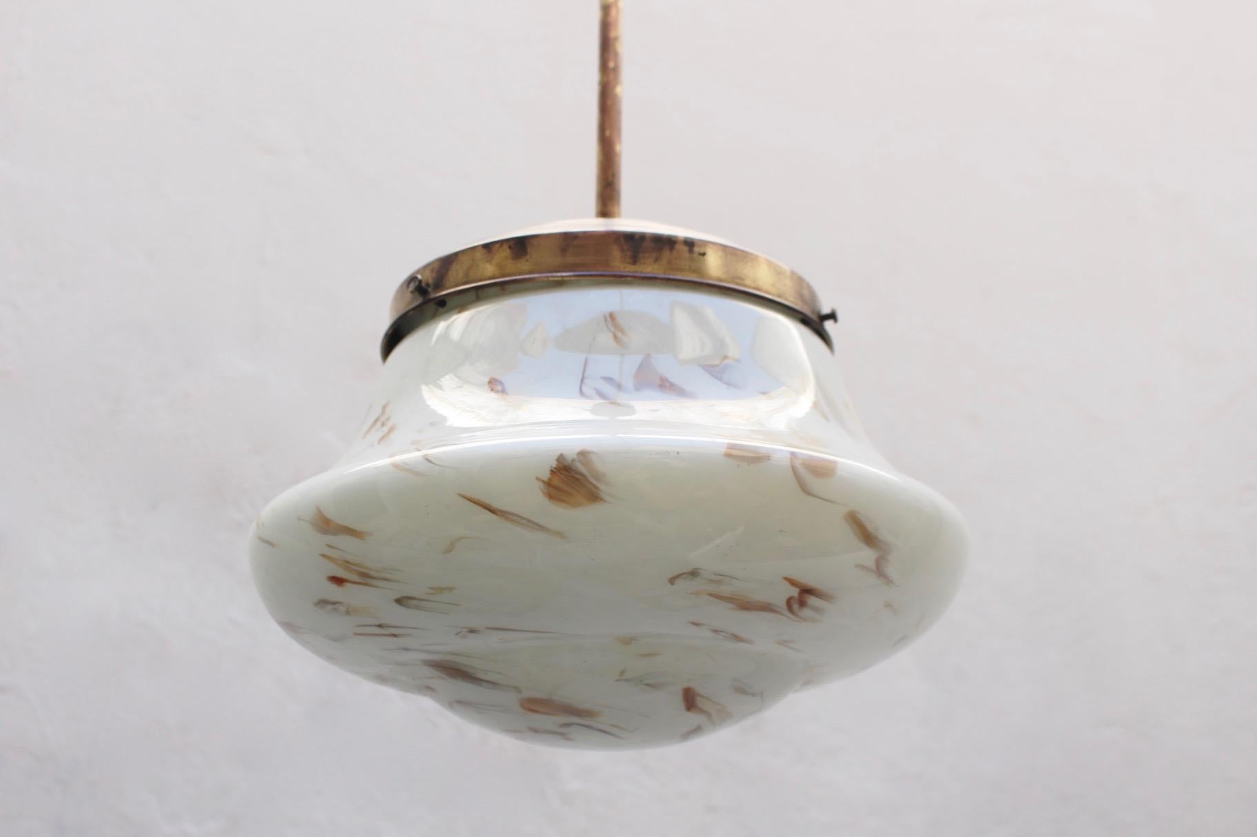 Mid-20th Century Art Deco Marble Glass and Brass Pendant Spanish Lamp, 1930s For Sale