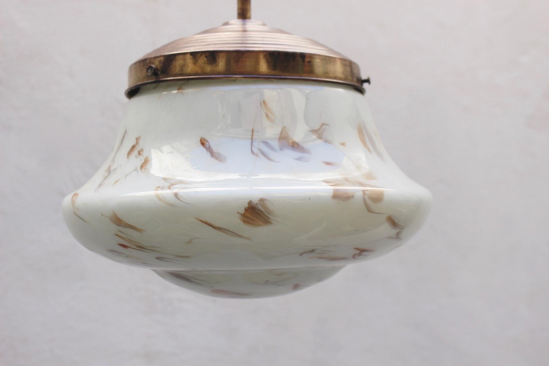 Art Deco Marble Glass and Brass Pendant Spanish Lamp, 1930s For Sale 1