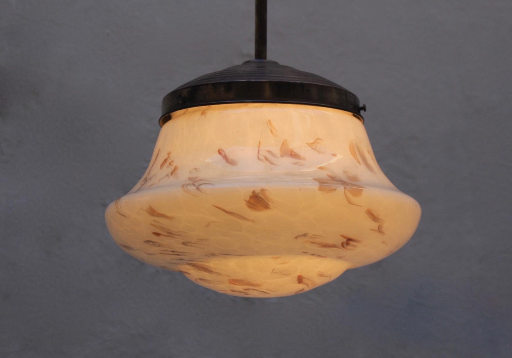 Art Deco Marble Glass and Brass Pendant Spanish Lamp, 1930s For Sale 4