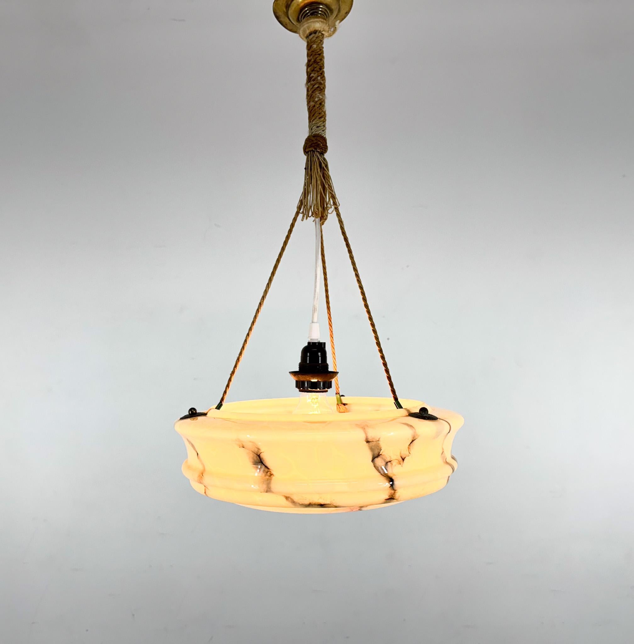 Czech Art Deco Marble Glass Pendant Light on Original Rope For Sale