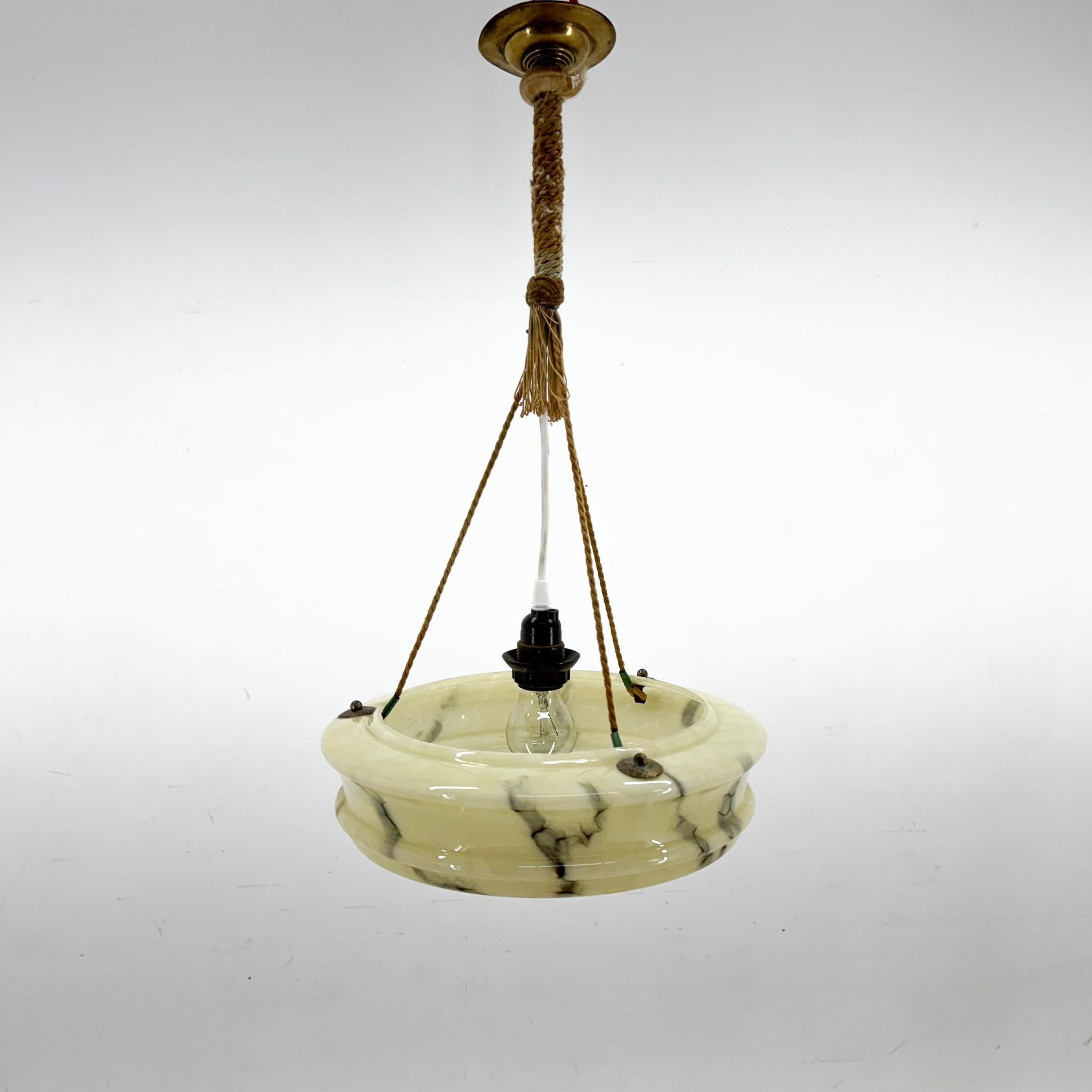 Brass Art Deco Marble Glass Pendant Light on Original Rope For Sale