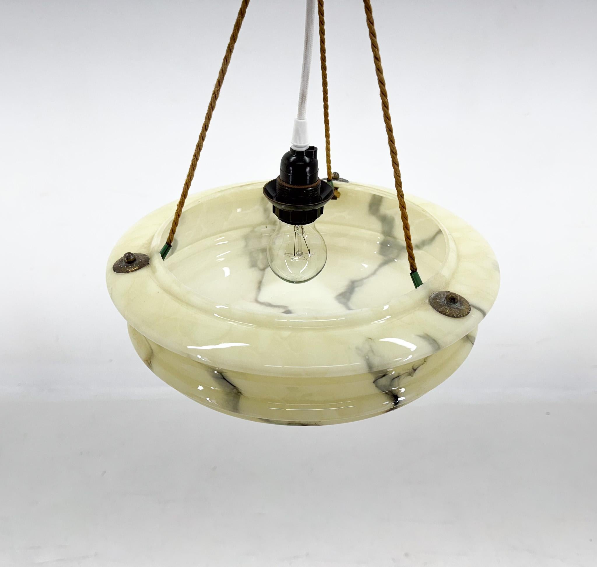 Art Deco Marble Glass Pendant Light on Original Rope For Sale 1