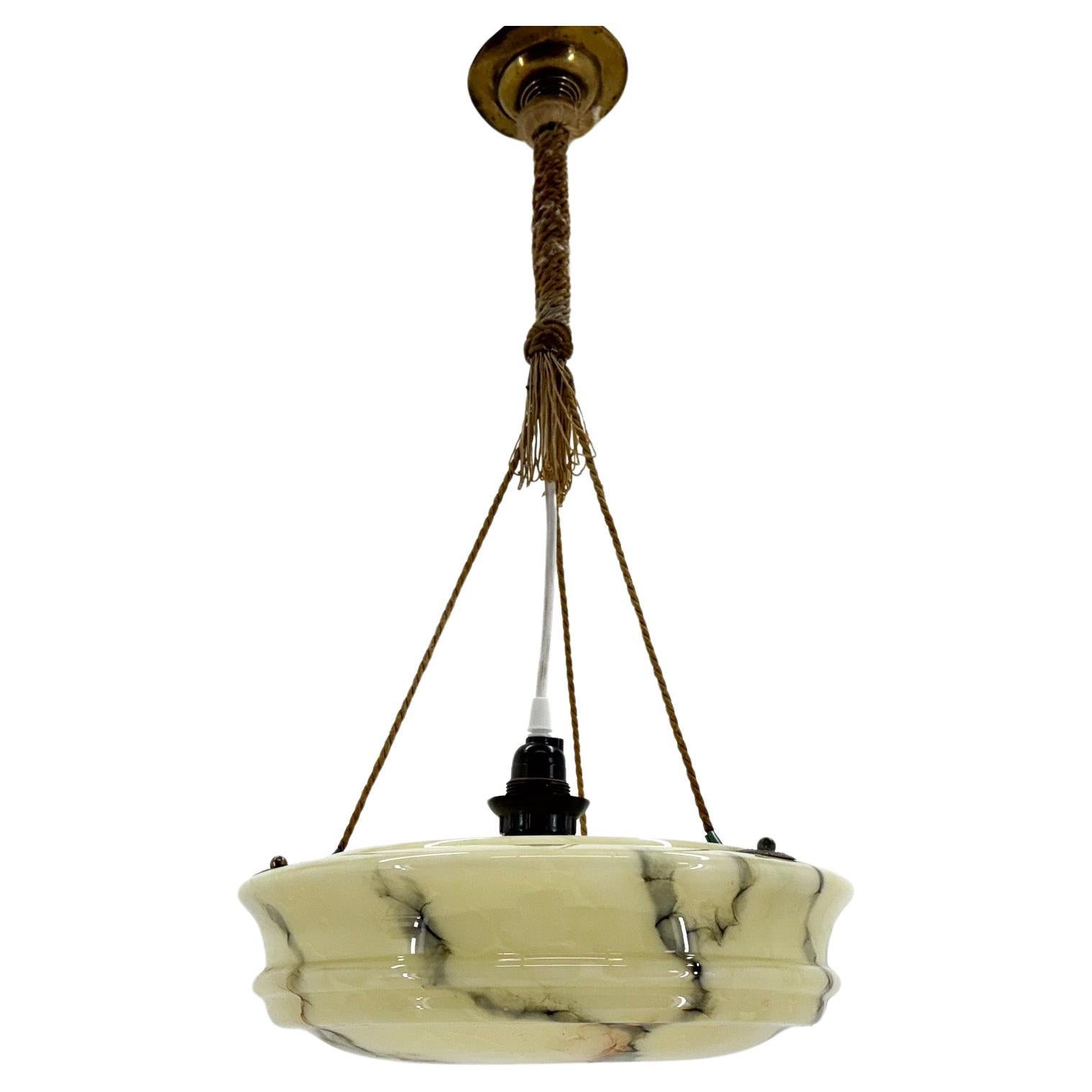 Art Deco Marble Glass Pendant Light on Original Rope For Sale