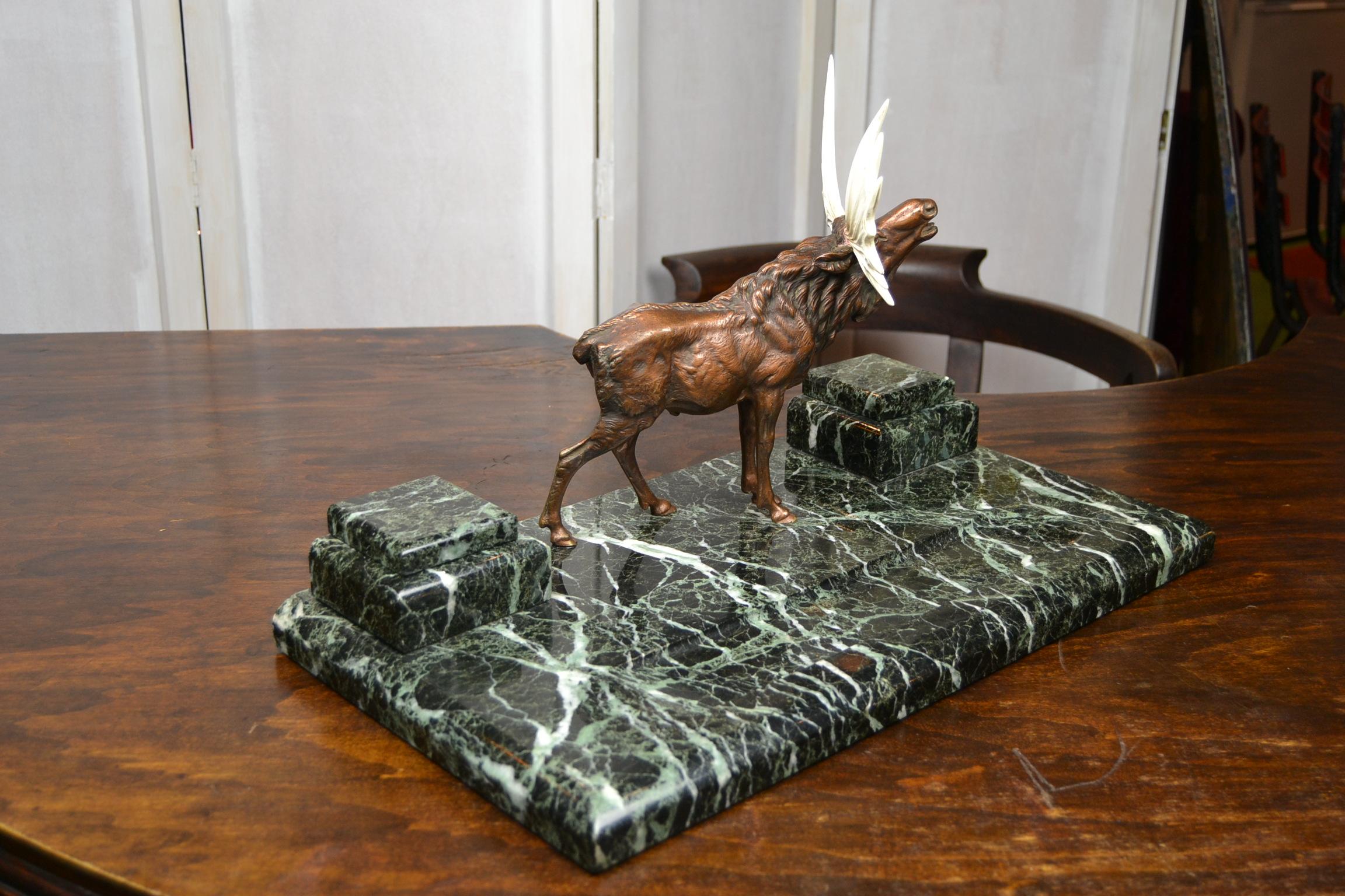 European Inkwell with Bronze Moose, Ashtray and Ink Dryer, Art Deco, Europe For Sale