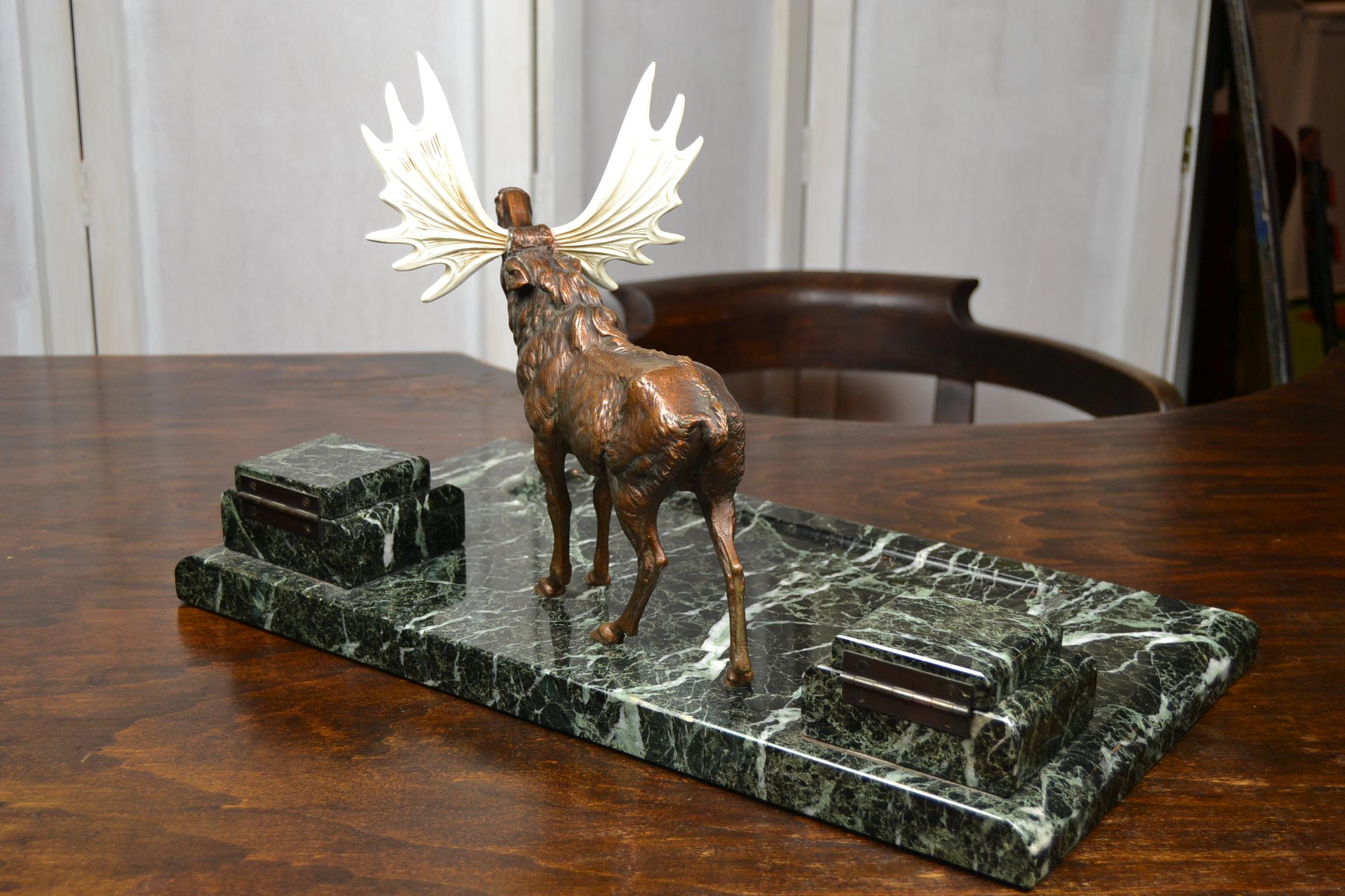 20th Century Inkwell with Bronze Moose, Ashtray and Ink Dryer, Art Deco, Europe For Sale