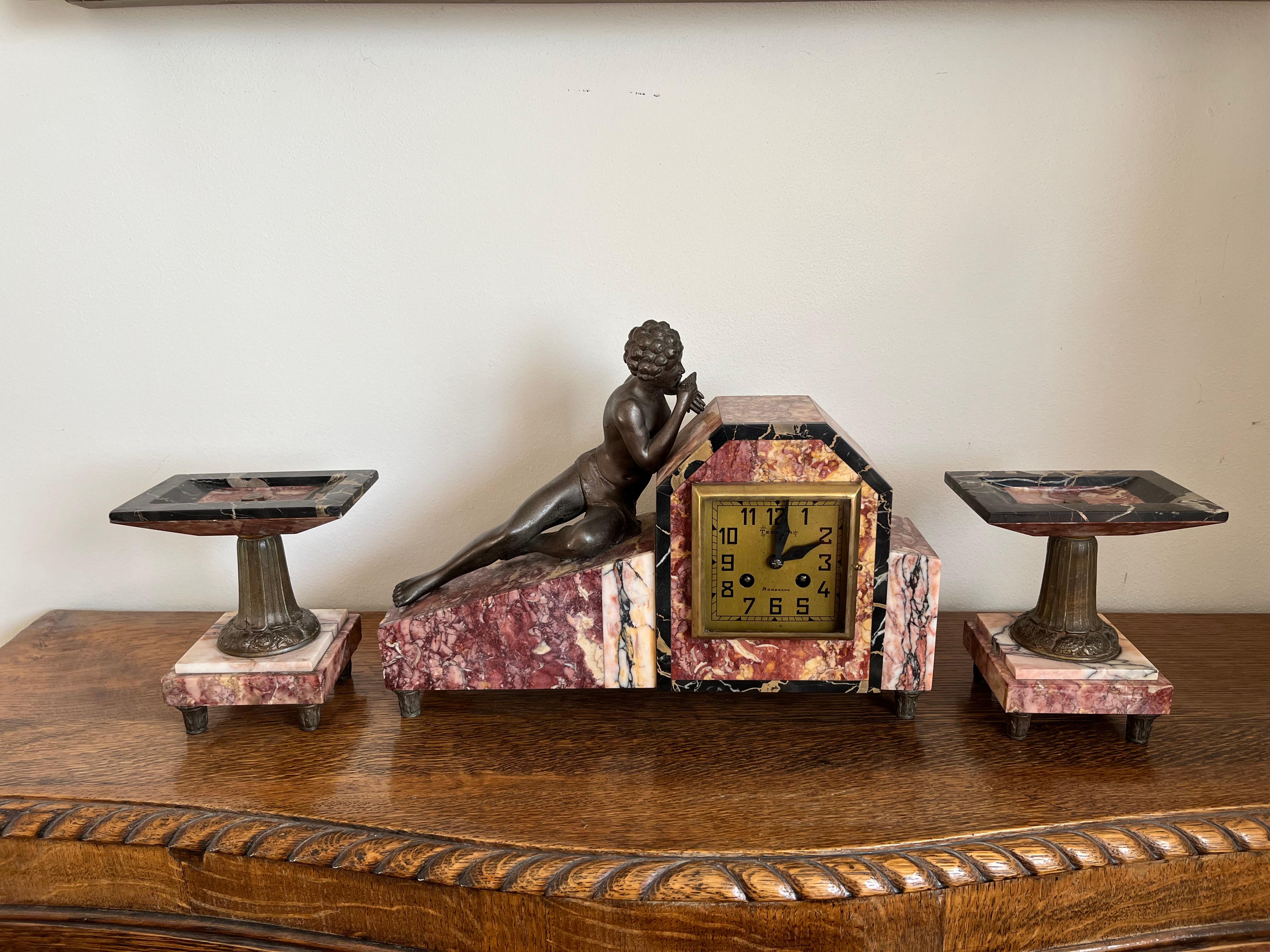 Reloj de chimenea de mármol Art Déco, Francia en venta 4