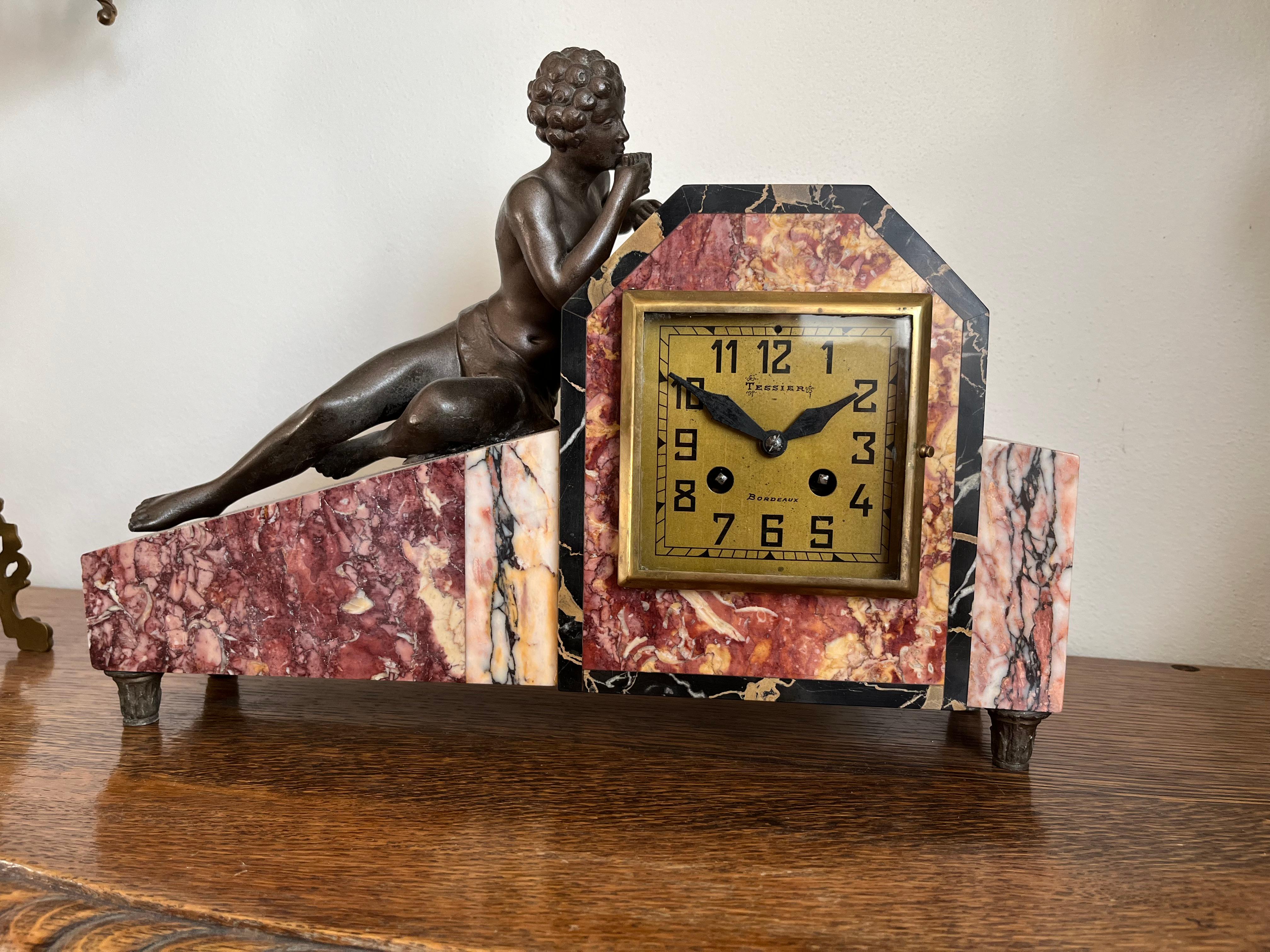 Iron Art Deco Marble Mantel Clock, France For Sale