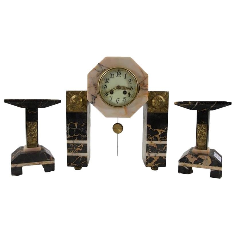 Art Deco Marble Mantel Clock Three-Piece Garniture Set